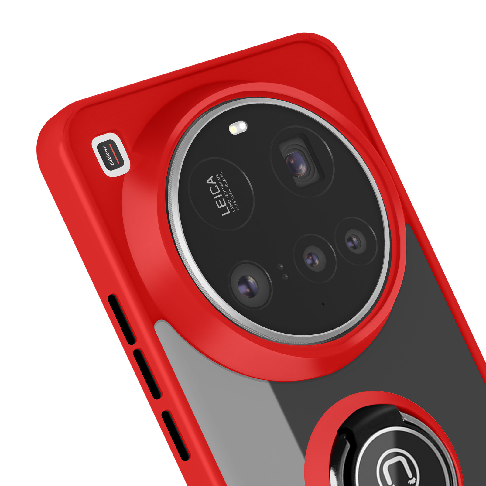 Custodia rossa per telefono con area fotocamera nera, anello e logo Leica.