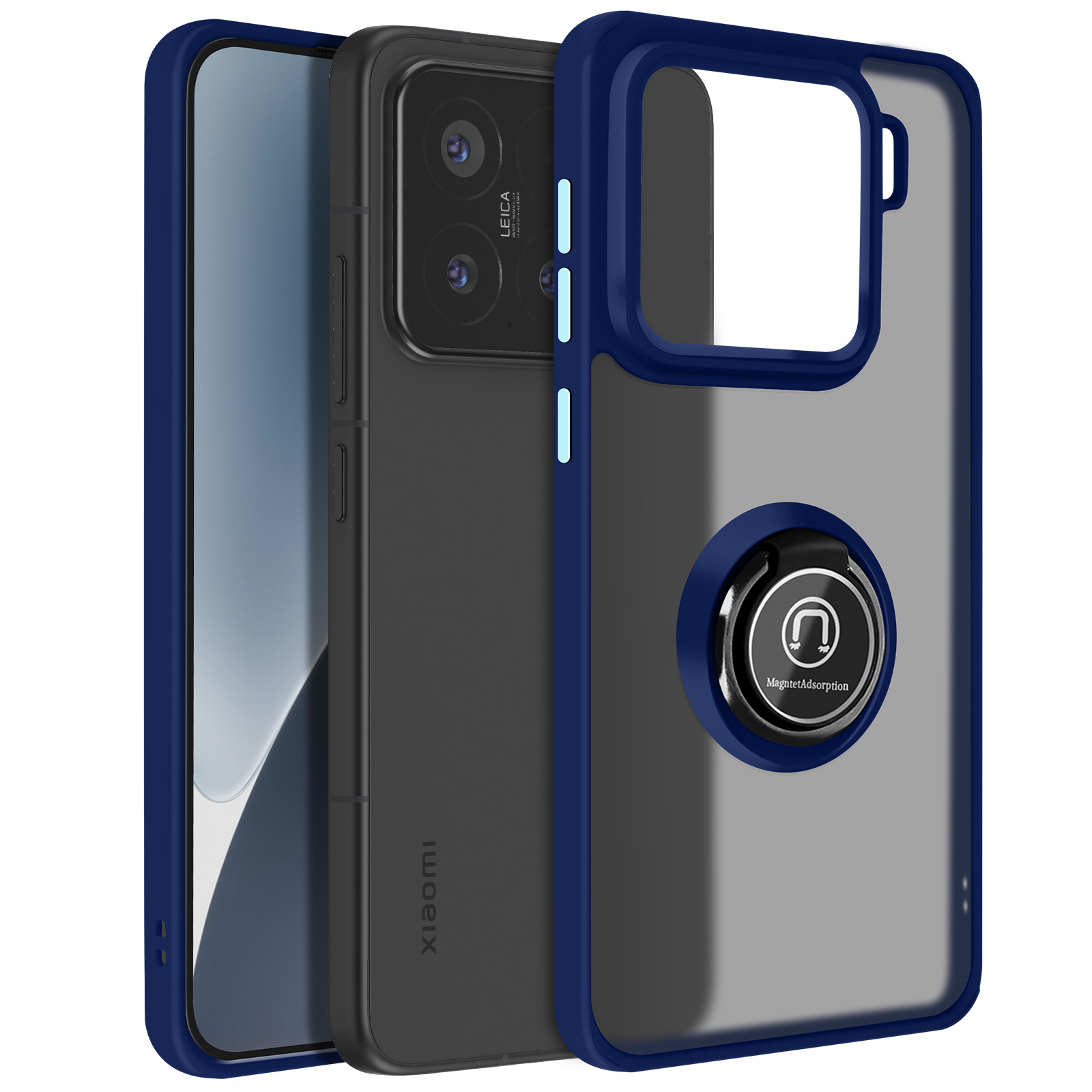 Custodie per telefono in blu e nero, che mostrano la fotocamera e il supporto ad anello del telefono. Trasparente.