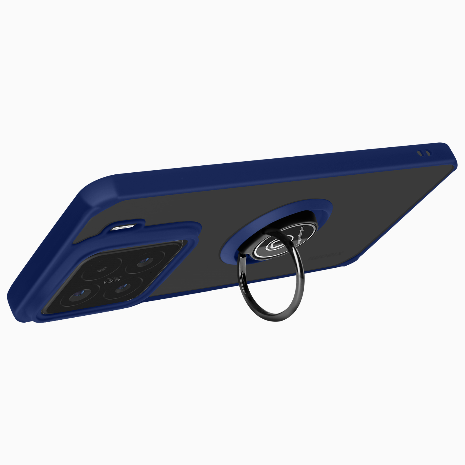 Custodia blu per telefono con supporto ad anello sul retro, che mostra le fotocamere.