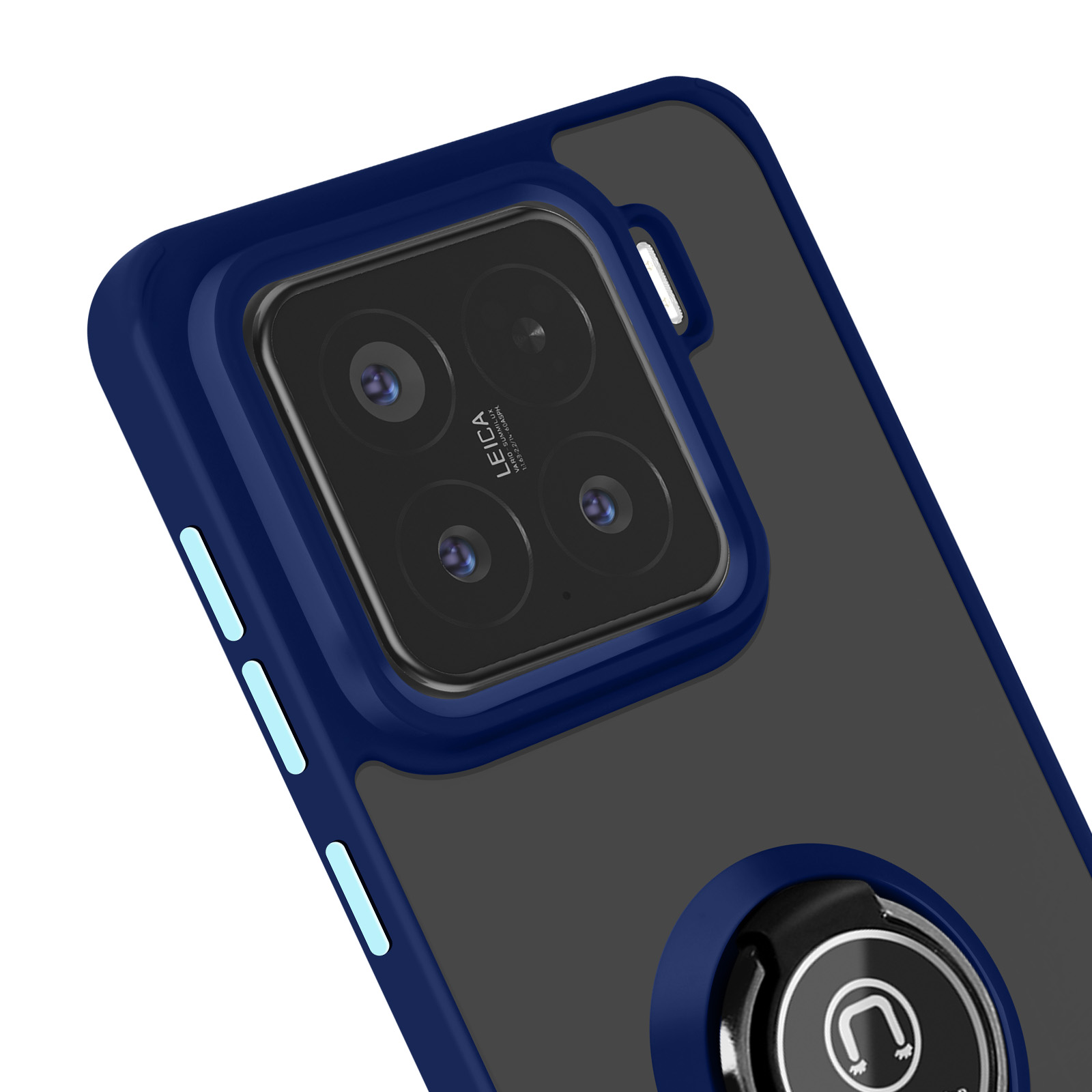 Primo piano di una custodia per telefono con finiture blu, un telefono nero e obiettivi della fotocamera.
