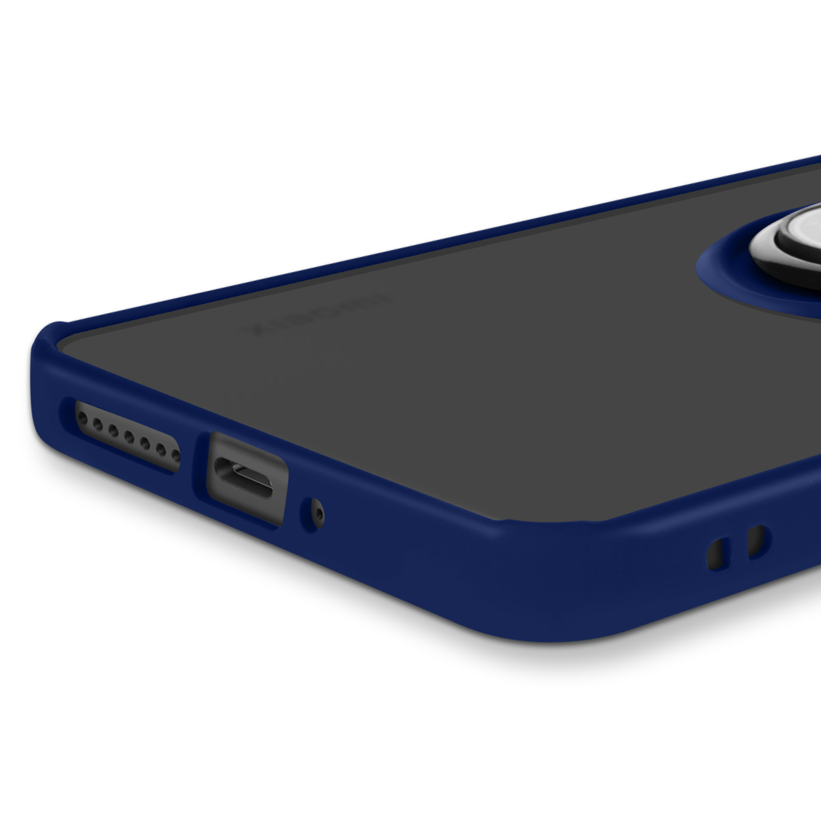 Primo piano di una custodia blu per telefono con schermo nero e supporto ad anello argentato. Sfondo bianco.