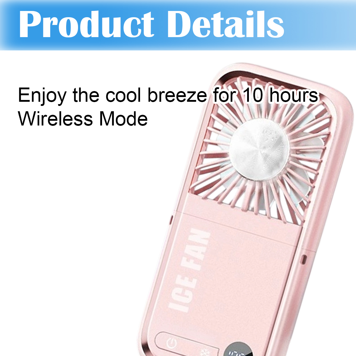 Ein rosa Handventilator mit weißem Ventilator und Digitalanzeige, weißer Hintergrund.