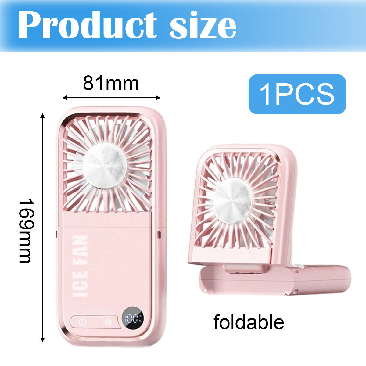 Rosa faltbarer Mini-Ventilator mit Abmessungen und Stückzahl.