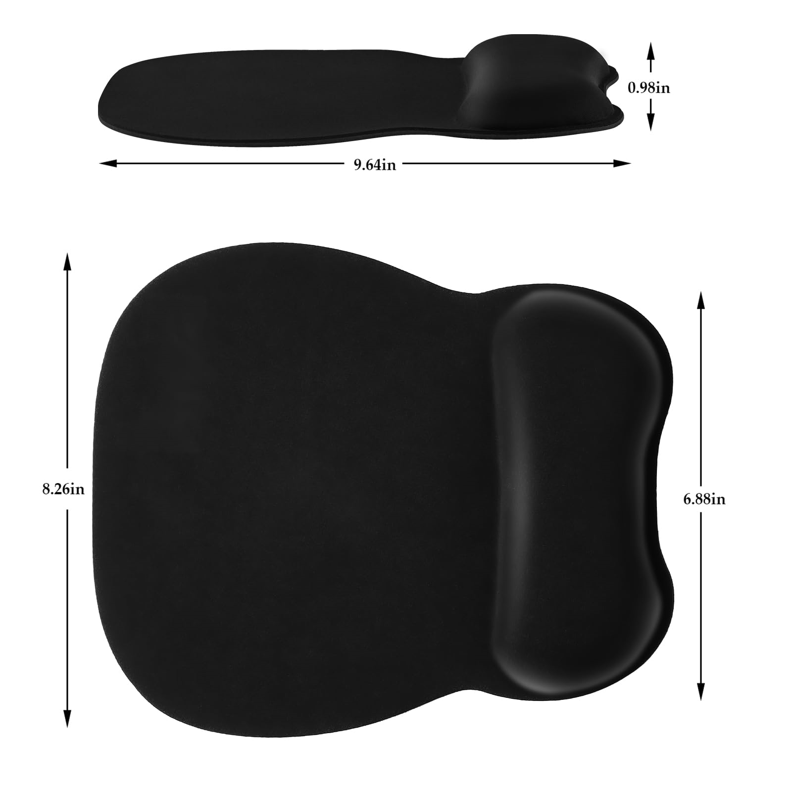 Zwei schwarze Mauspads mit Handgelenkauflagen, die Draufsicht und Seitenansicht mit Messungen zeigen.