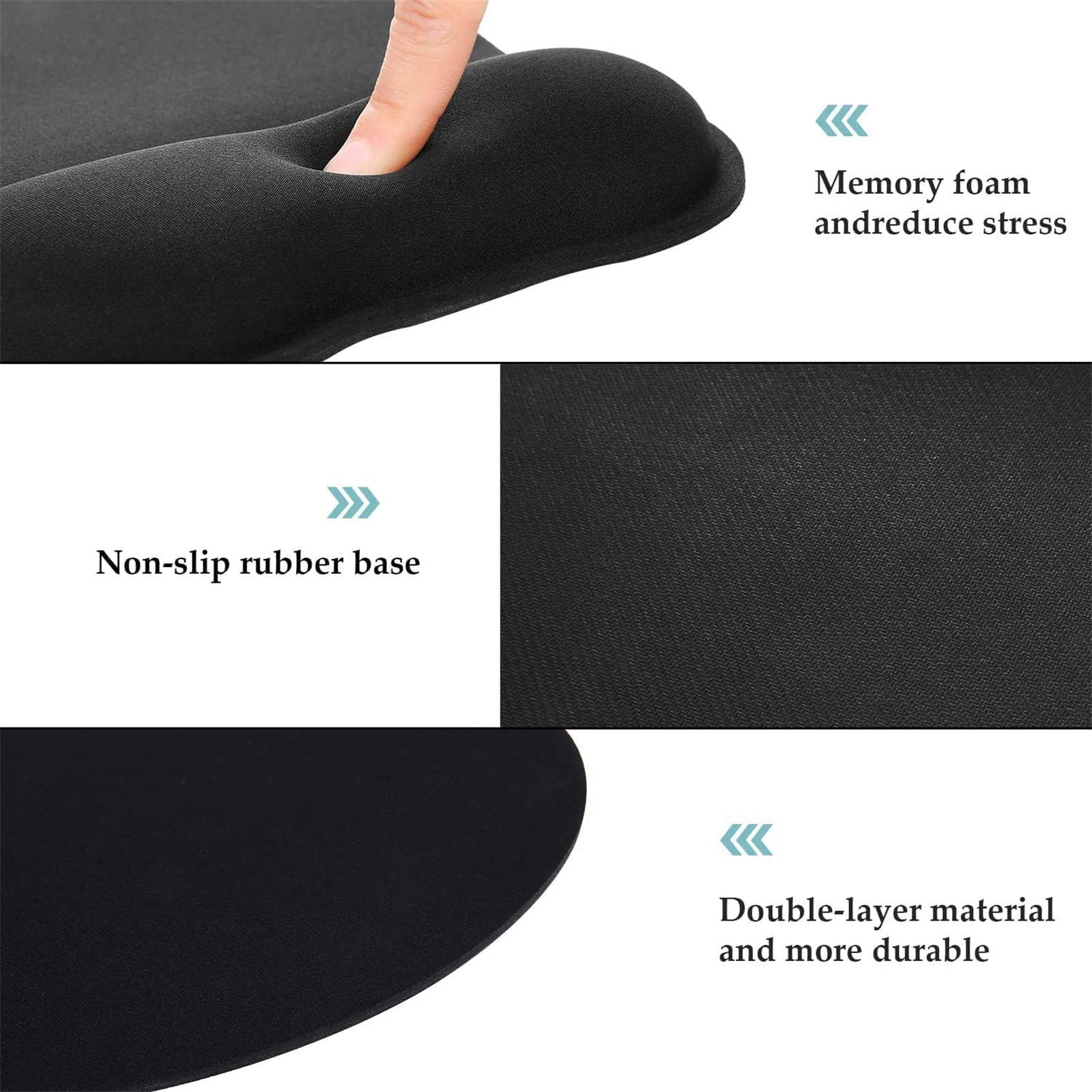 Nahaufnahme eines schwarzen Mousepads mit Memory-Schaum und rutschfester Unterseite.