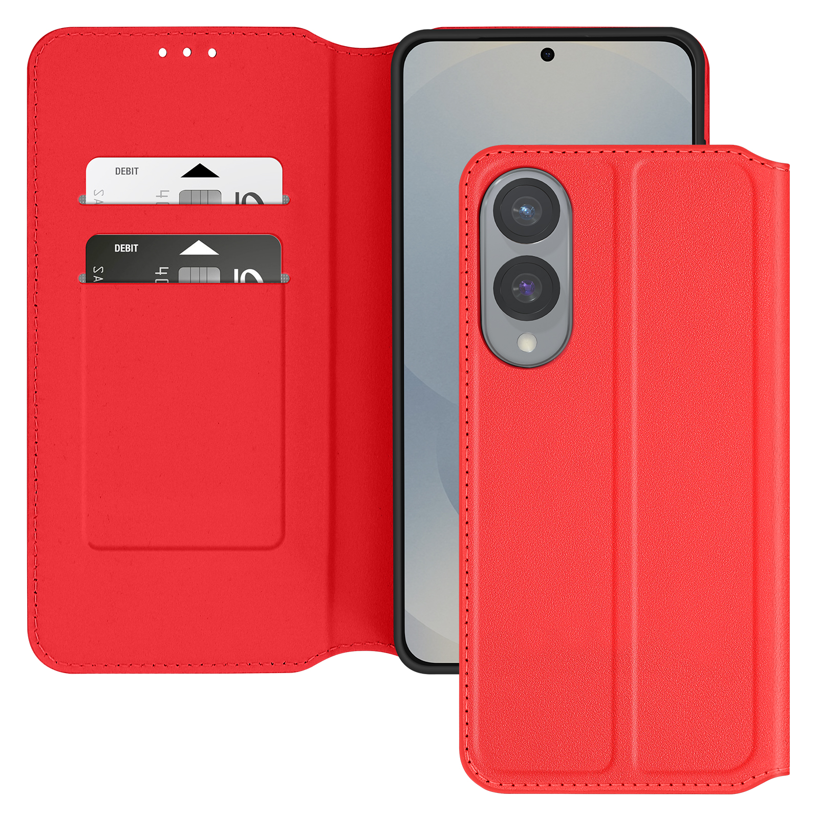 Custodia per telefono rossa con slot per carte. Il telefono è visibile. La custodia è aperta.