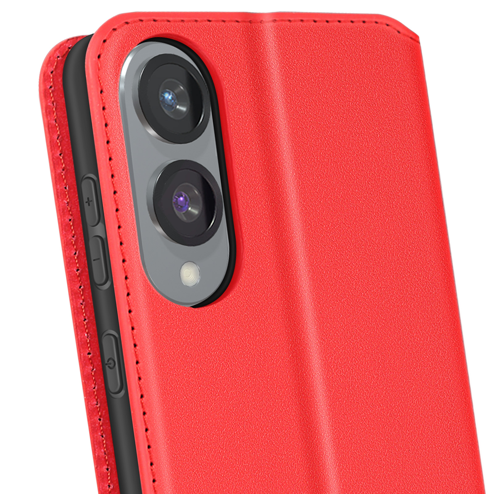 Custodia rossa per telefono con un telefono all'interno, che mostra il dettaglio della fotocamera.