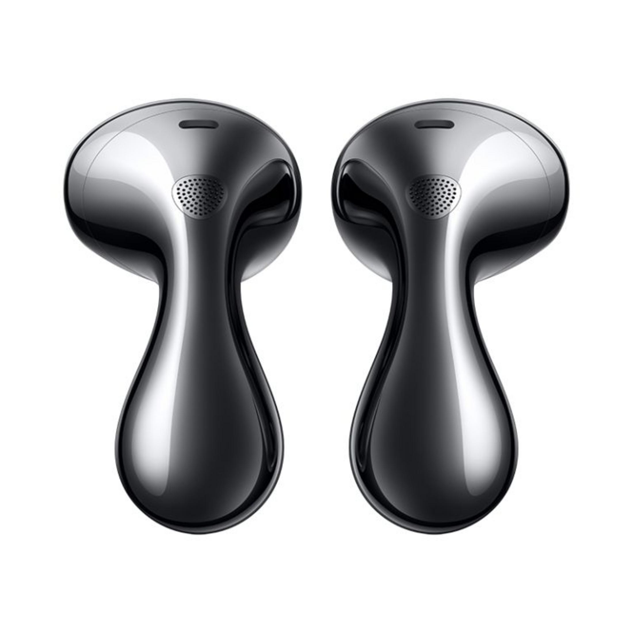 Dwa srebrne słuchawki. Słuchawki mają kształt kropli.