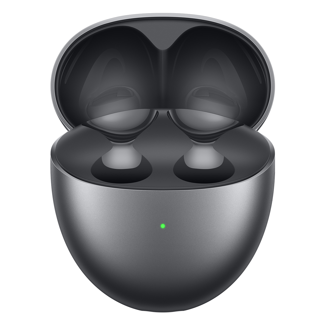 Otwarta szara obudowa słuchawek z wkładkami dousznymi w środku. Świeci się zielone światło.
