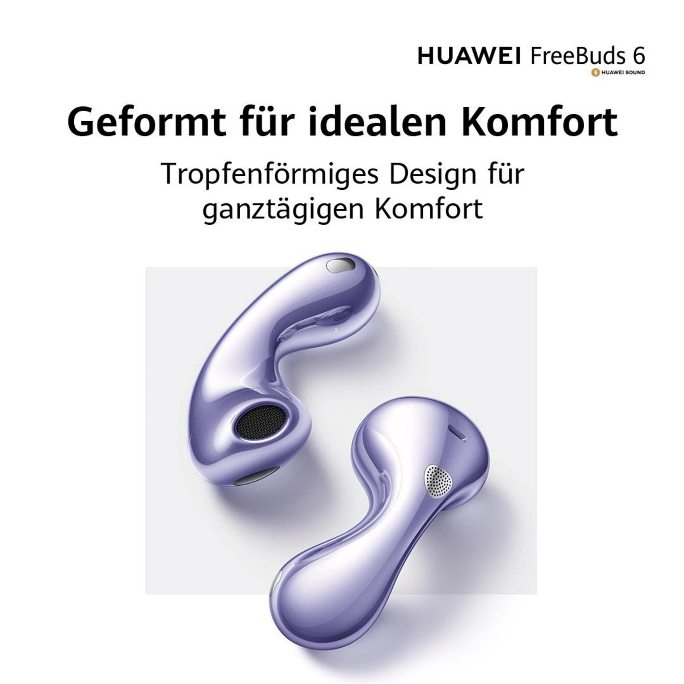 Białe tło z dwoma fioletowymi, nowocześnie ukształtowanymi słuchawkami. Tekst mówi 'Geformt für idealen Komfort'.