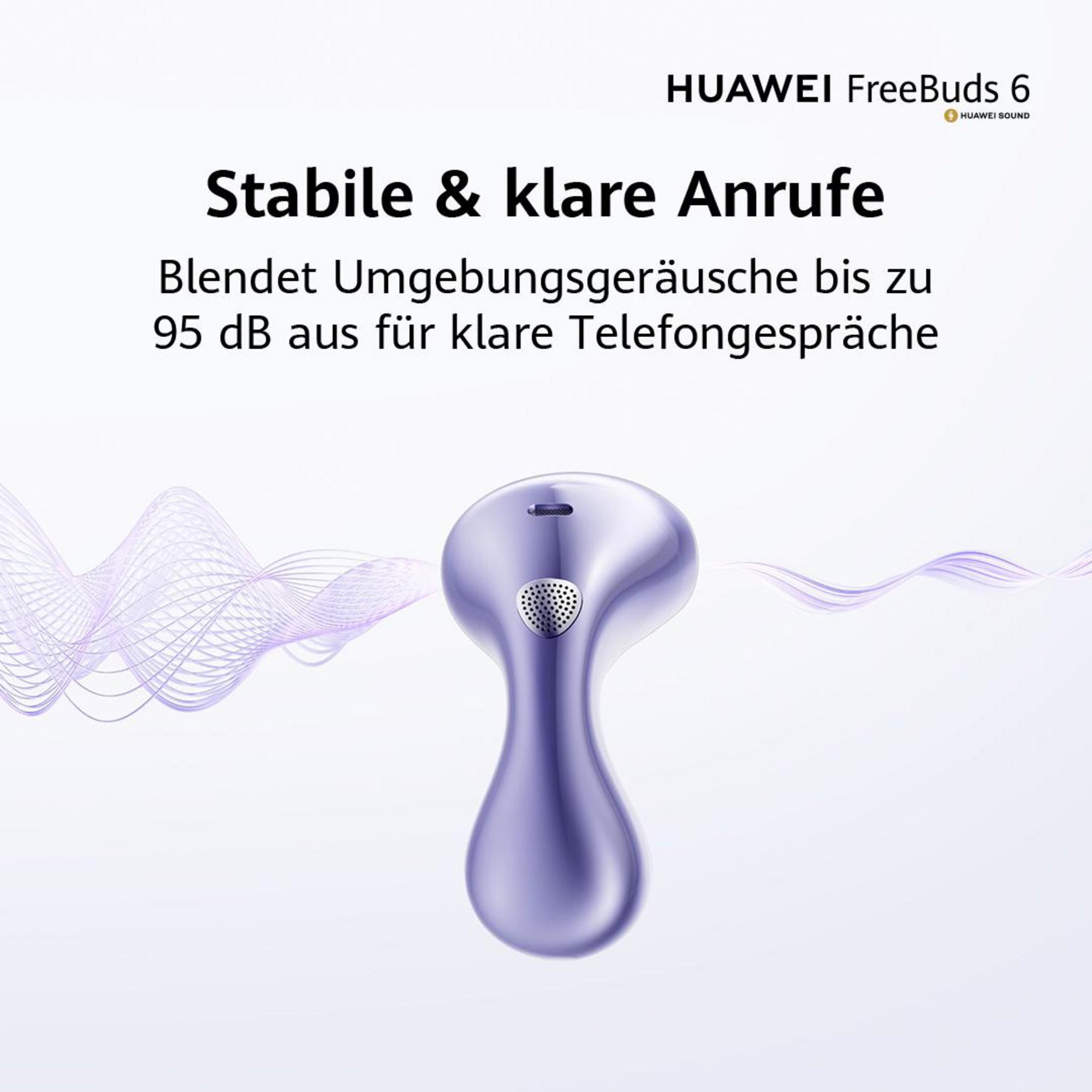 Fioletowa słuchawka Huawei FreeBuds 6. Tekst: Stabilne i wyraźne połączenia. Wycisza szumy otoczenia.