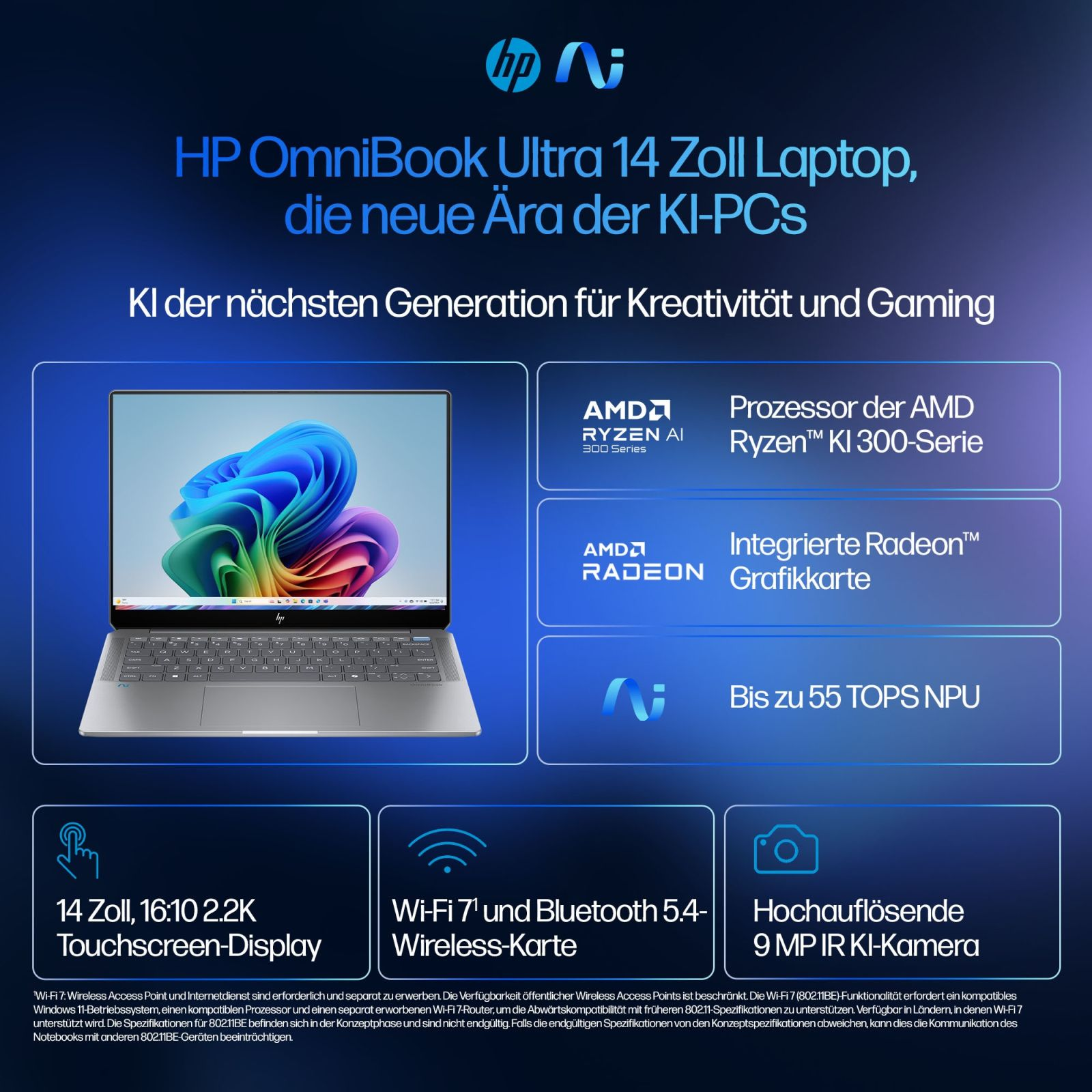 Laptop z kolorowym ekranem i otaczającym układem informacyjnym z tekstem i grafiką.
