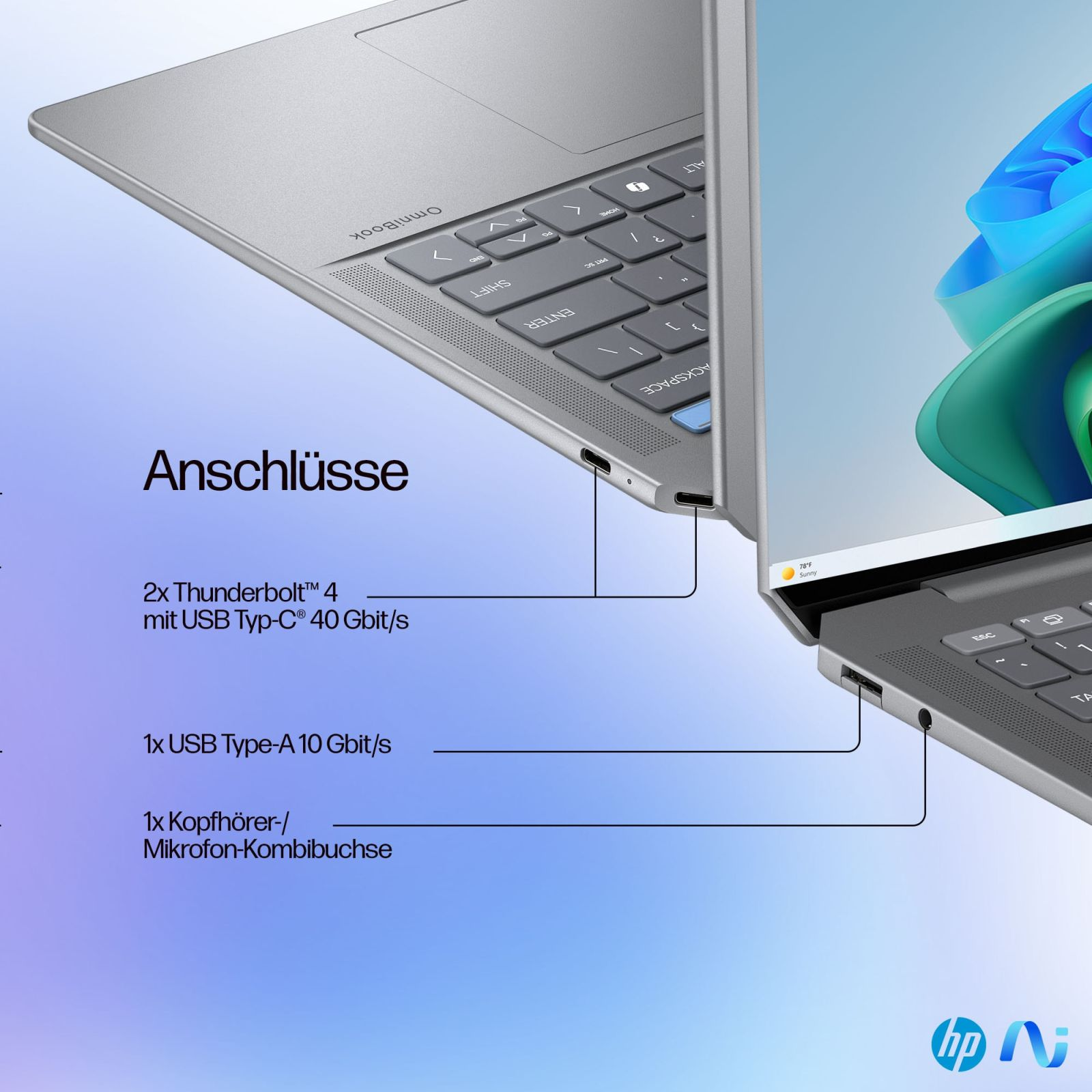 Srebrny laptop z portami. Tekst: 2x Thunderbolt 4, 1x USB Type-A, 1x gniazdo słuchawkowe.