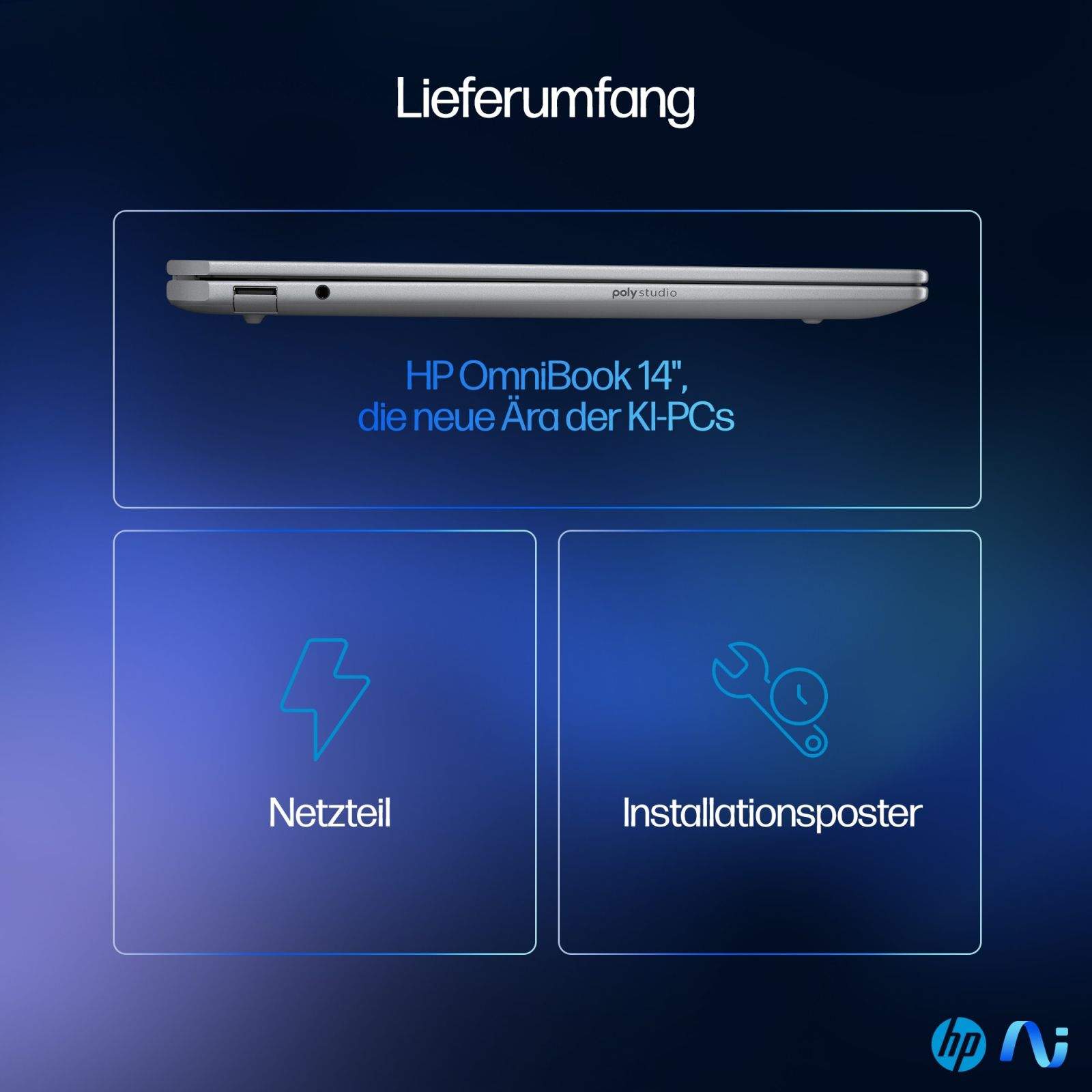 Laptop z tekstem o akcesoriach. Zawiera: zasilacz, plakat instalacyjny. Logo HP.