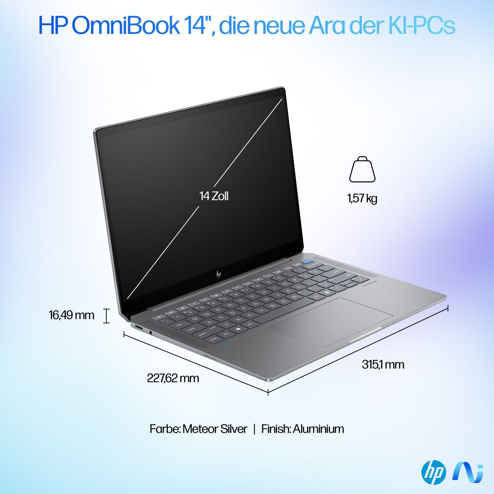 Srebrny laptop z wymiarami i pomiarami na białym tle.
