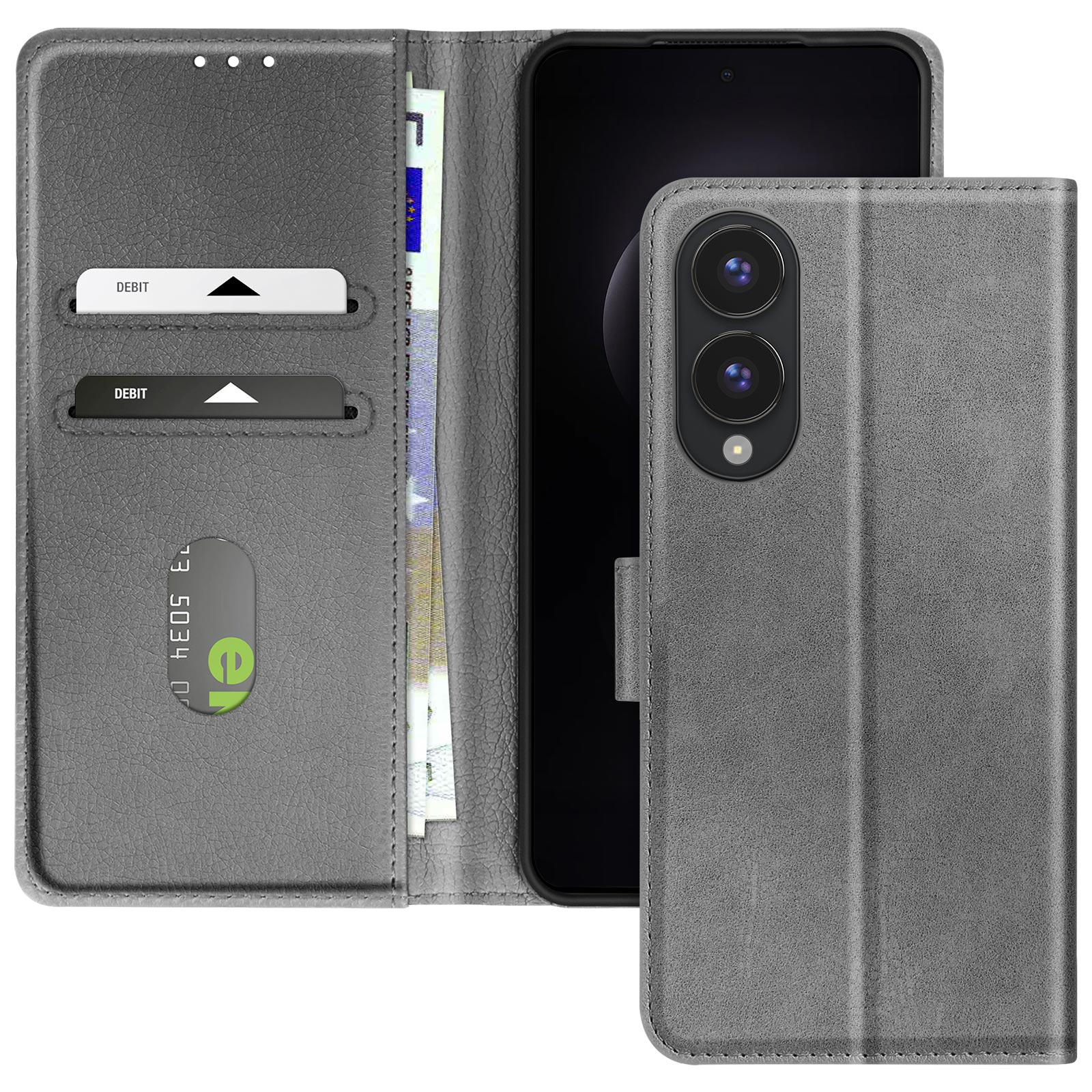 Custodia a portafoglio grigia per telefono con fessure per carte di credito. Un telefono all'interno. Carta di debito e denaro visibili.