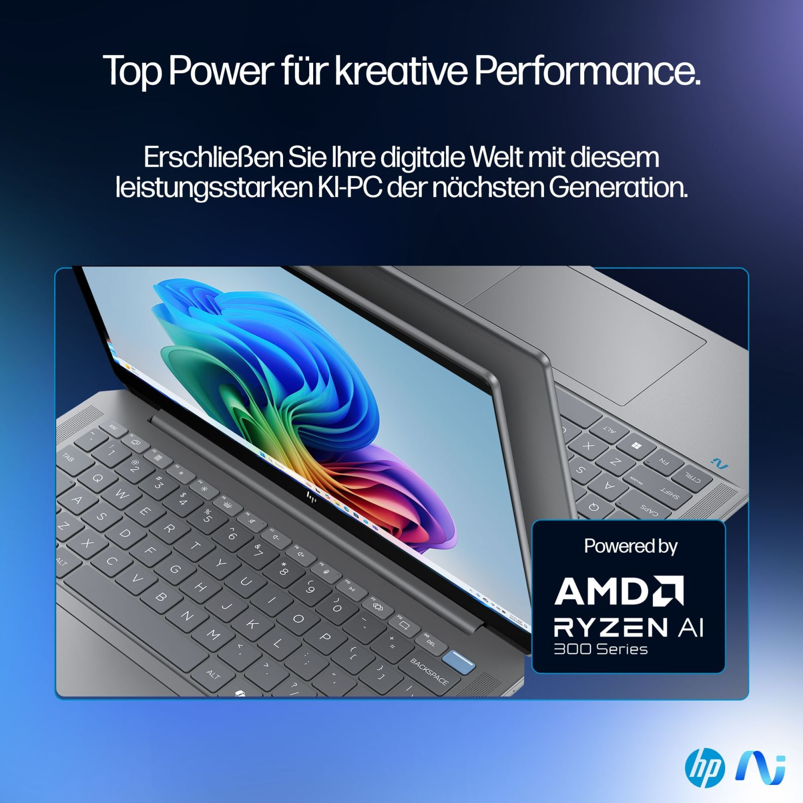 Dwa laptopy są otwarte, z zbliżeniem klawiatury i grafiką na ekranie.