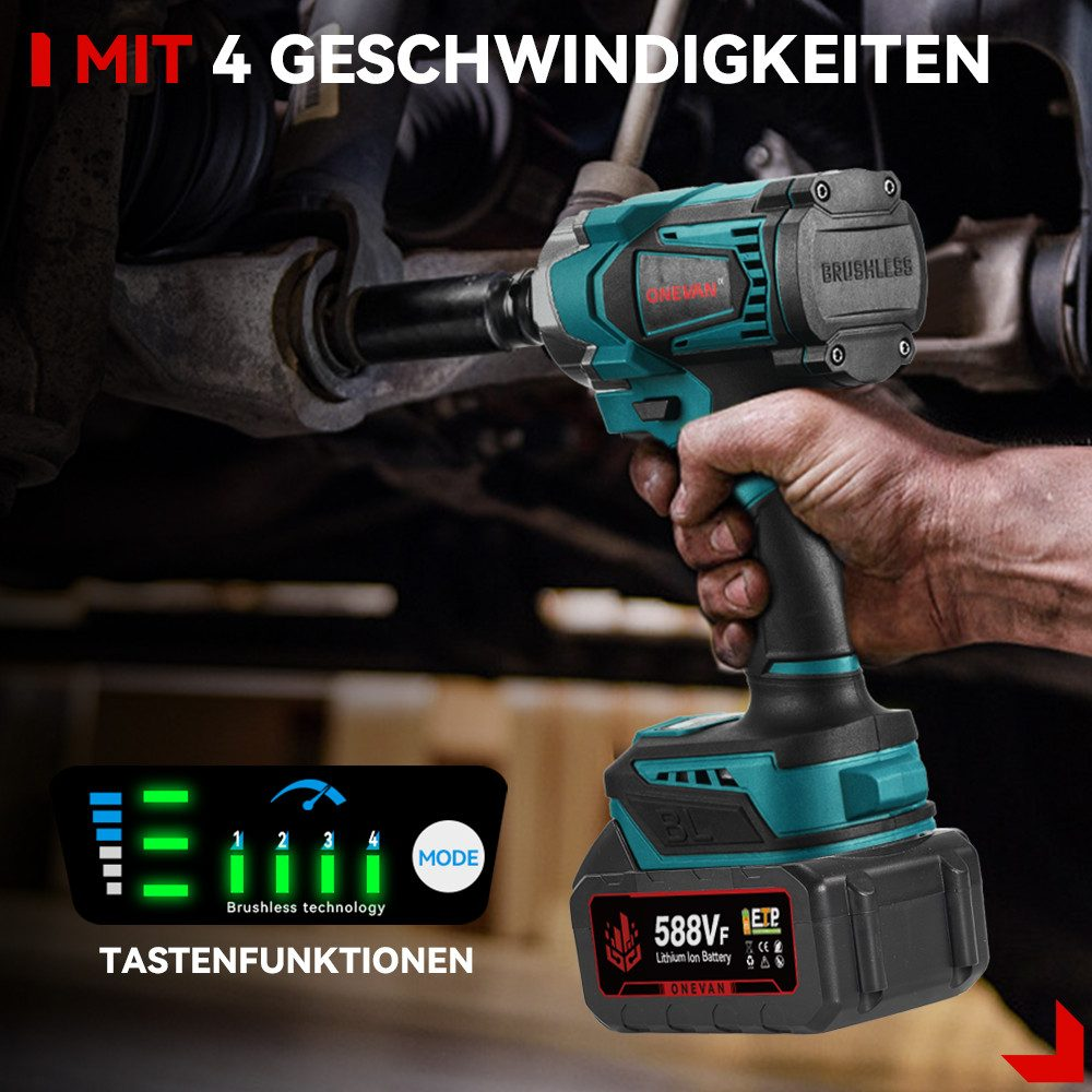 Elektrowerkzeug. Türkis und Schwarz. Text: Bürstenlose Technologie und 4 Geschwindigkeiten.