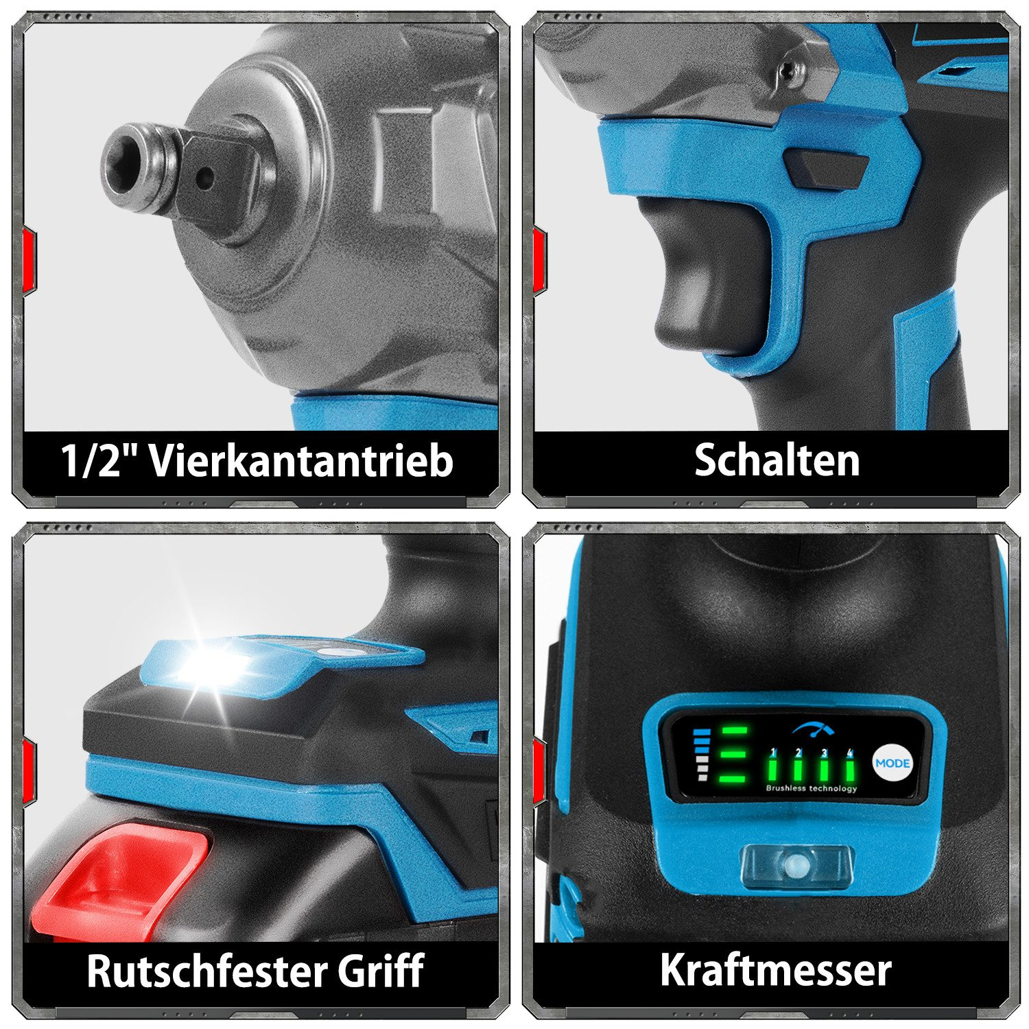 Nahaufnahme eines Elektrowerkzeugs mit deutschen Beschriftungen. Blaues und schwarzes Farbschema.