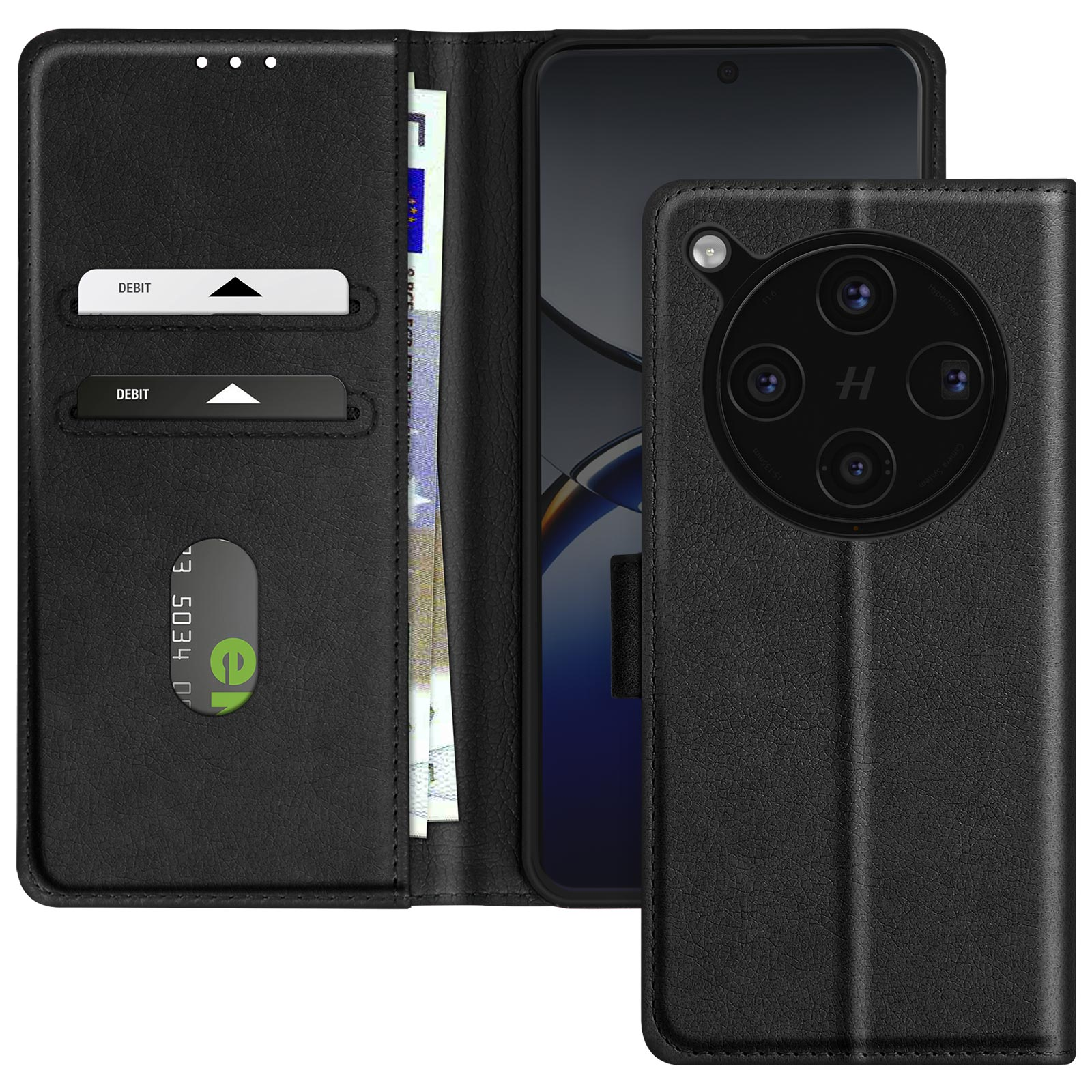 Funda de teléfono negra con un teléfono dentro, dos tarjetas de débito y billetes de euro.
