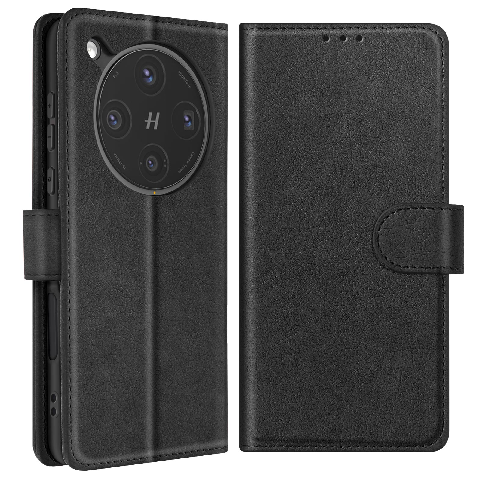 Funda de teléfono negra abierta, mostrando un teléfono. Textura de cuero. Botones visibles.