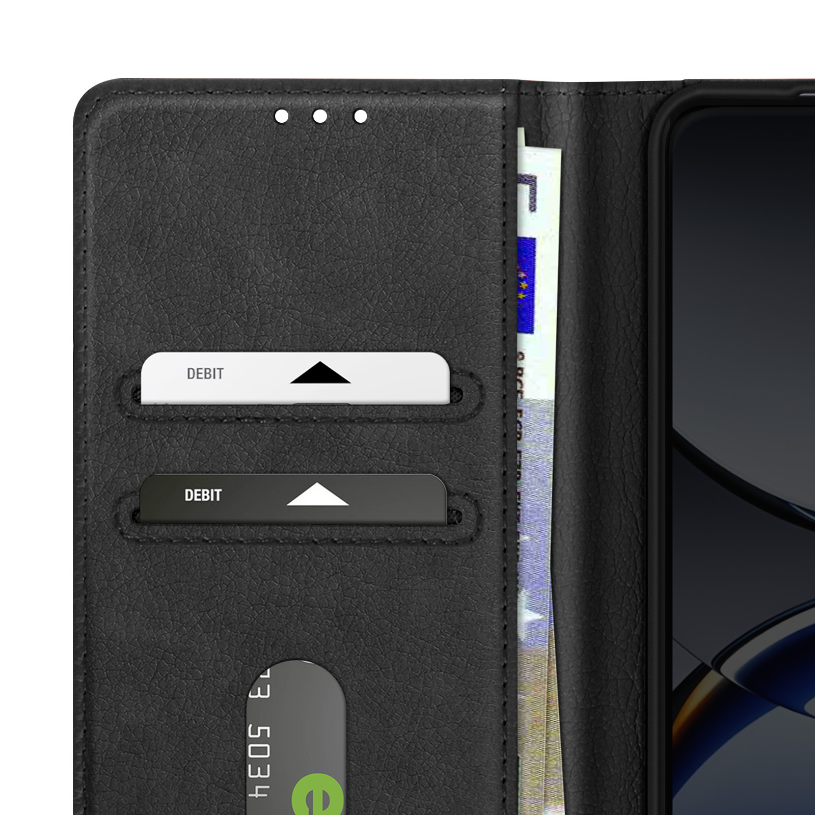 Funda de teléfono negra abierta. Tarjetas de débito y dinero visibles. El teléfono no está dentro.