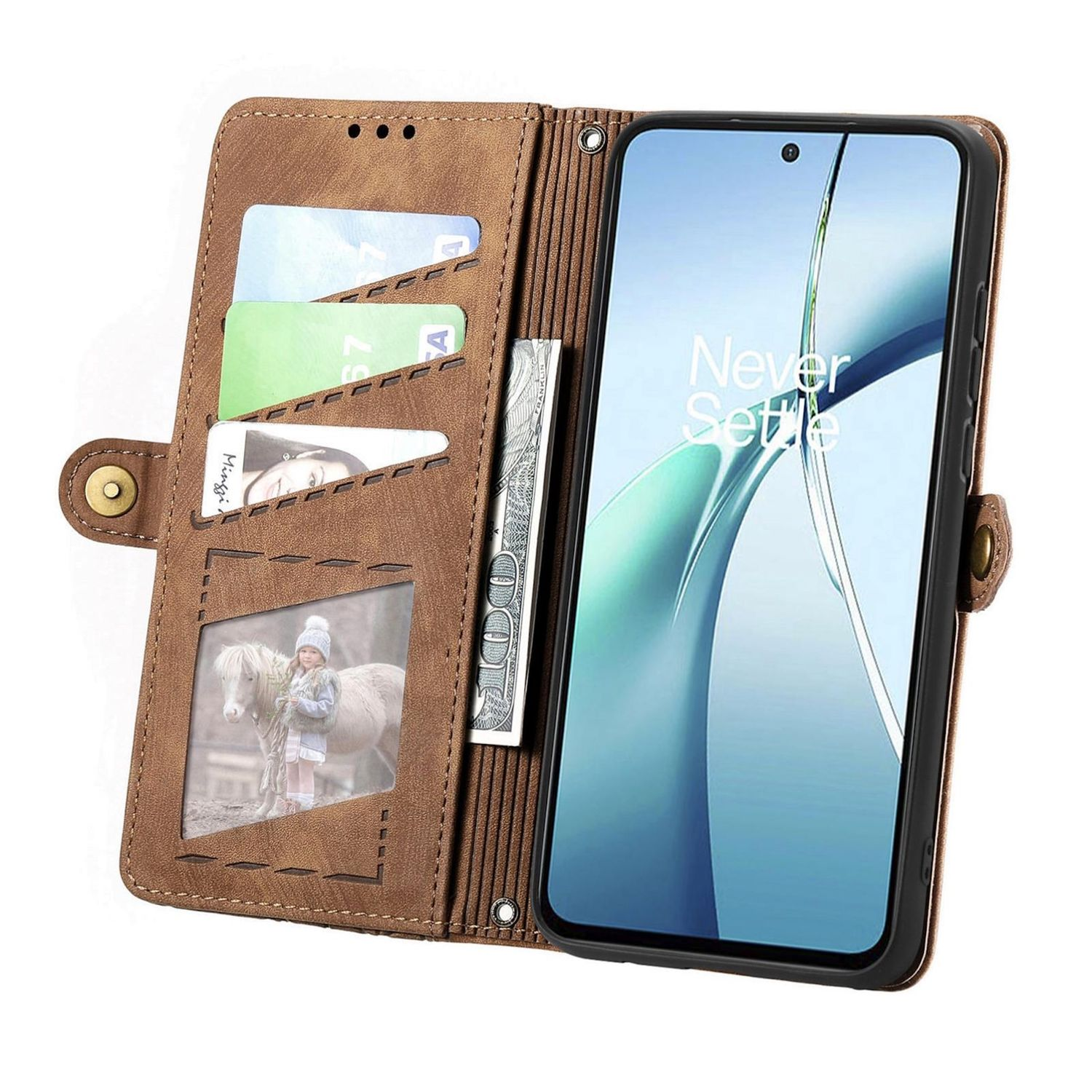 Funda de teléfono de cuero marrón, abierta, con tarjetas, dinero, foto y teléfono.