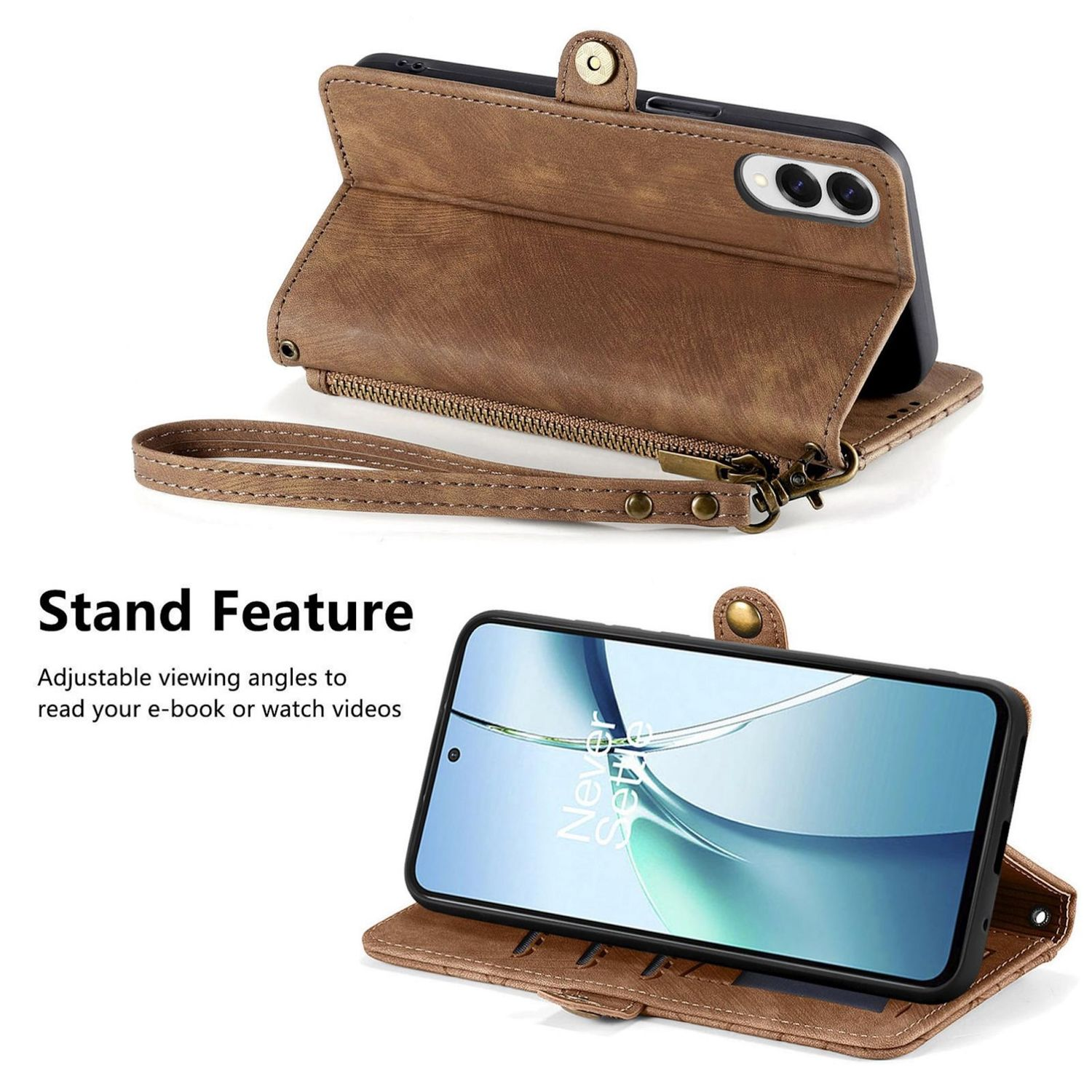 Funda de teléfono de cuero marrón, abierta, con teléfono en función de soporte, texto: Función de soporte.