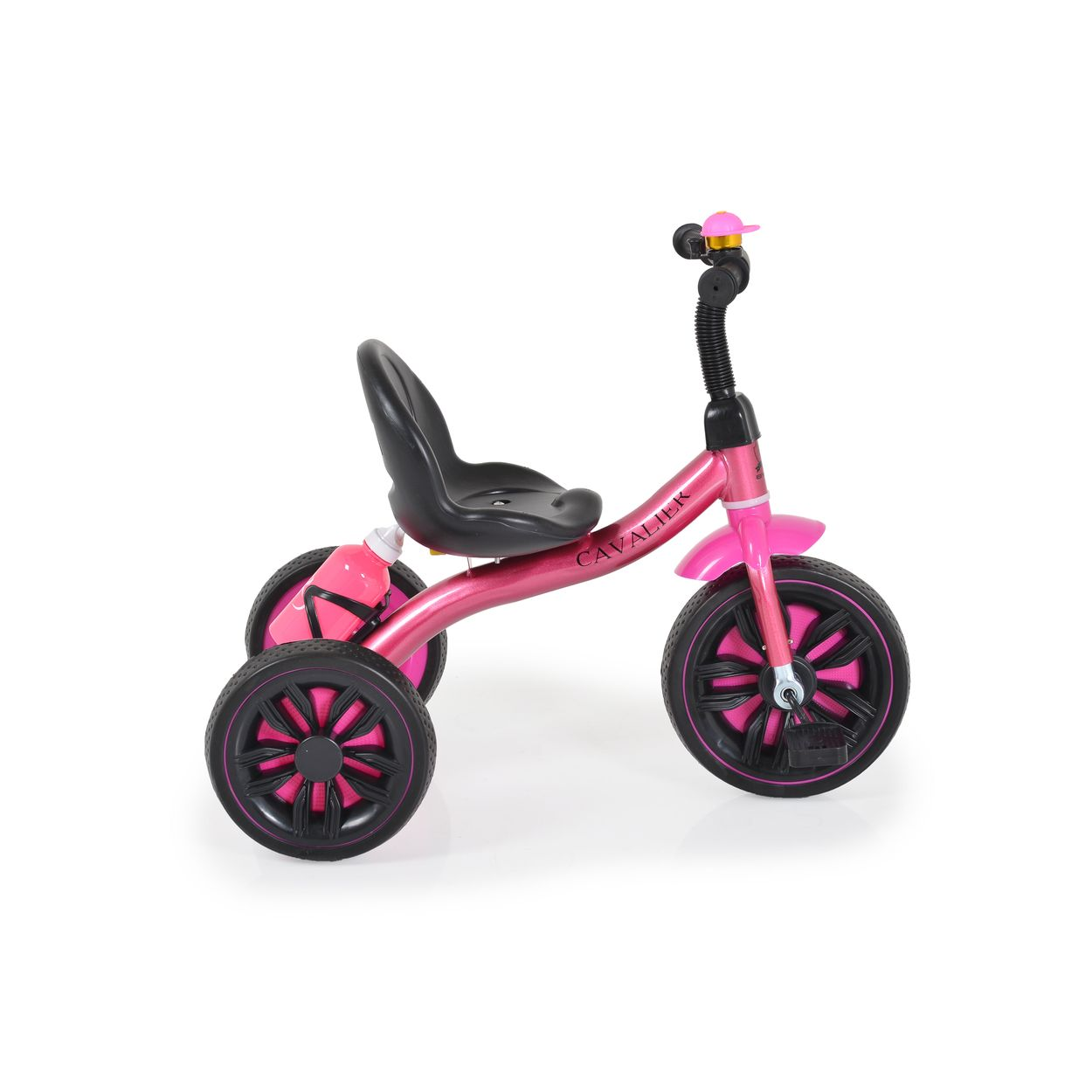 Rosa Dreirad auf weißem Hintergrund. Das Wort 'CAVALIER' steht auf dem Fahrrad.