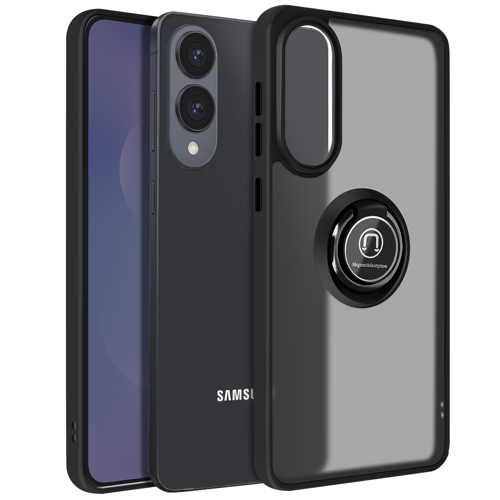 Smartphone nero con custodia nera. La custodia ha un supporto ad anello sul retro.