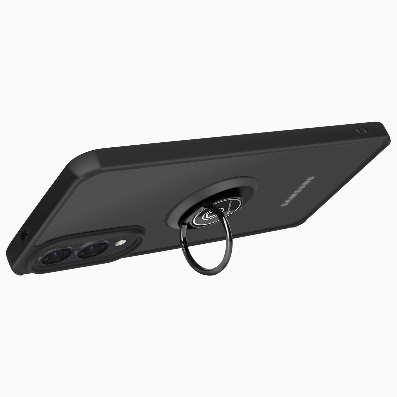 Telefono nero con supporto ad anello collegato, vista angolata. Marchio Samsung visibile sul retro.