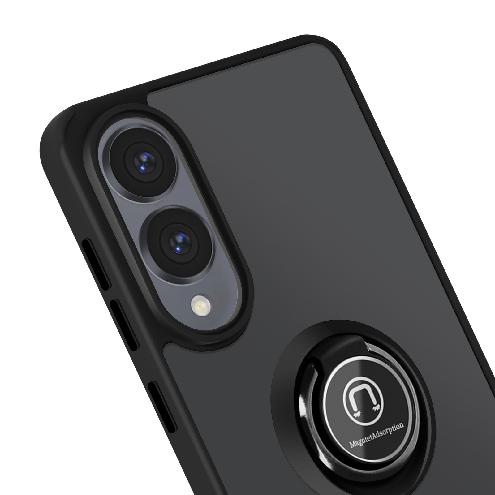 Custodia nera per telefono con doppia fotocamera e supporto ad anello, sfondo bianco.