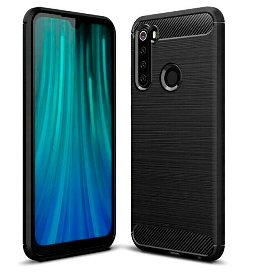 Teléfono negro con pantalla y funda negra con protuberancia para cámara en la parte trasera.