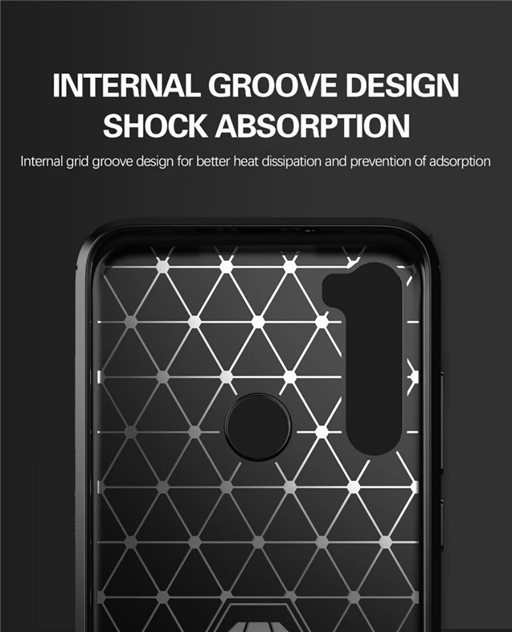 Primer plano de una funda negra para teléfono con diseño geométrico sobre fondo negro.