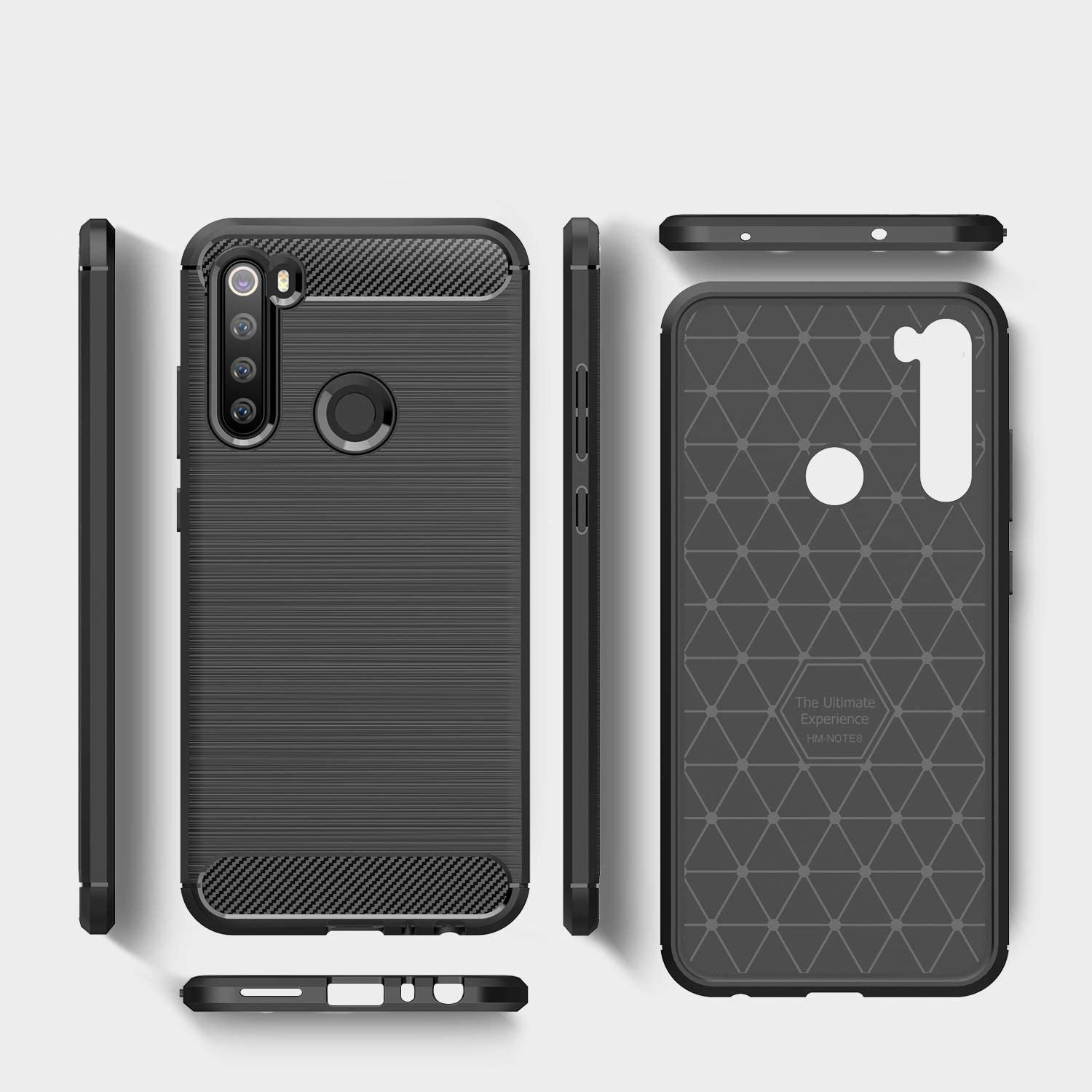 Funda de teléfono negra con parte trasera texturizada, recorte de cámara y botones laterales. Fondo blanco.