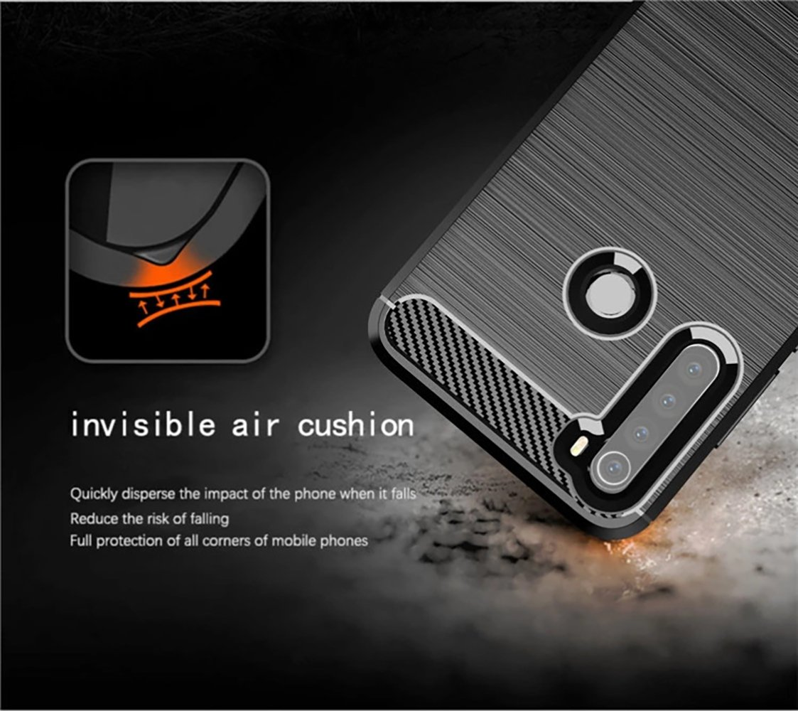 Funda negra para teléfono con franja de fibra de carbono y texto: colchón de aire invisible.