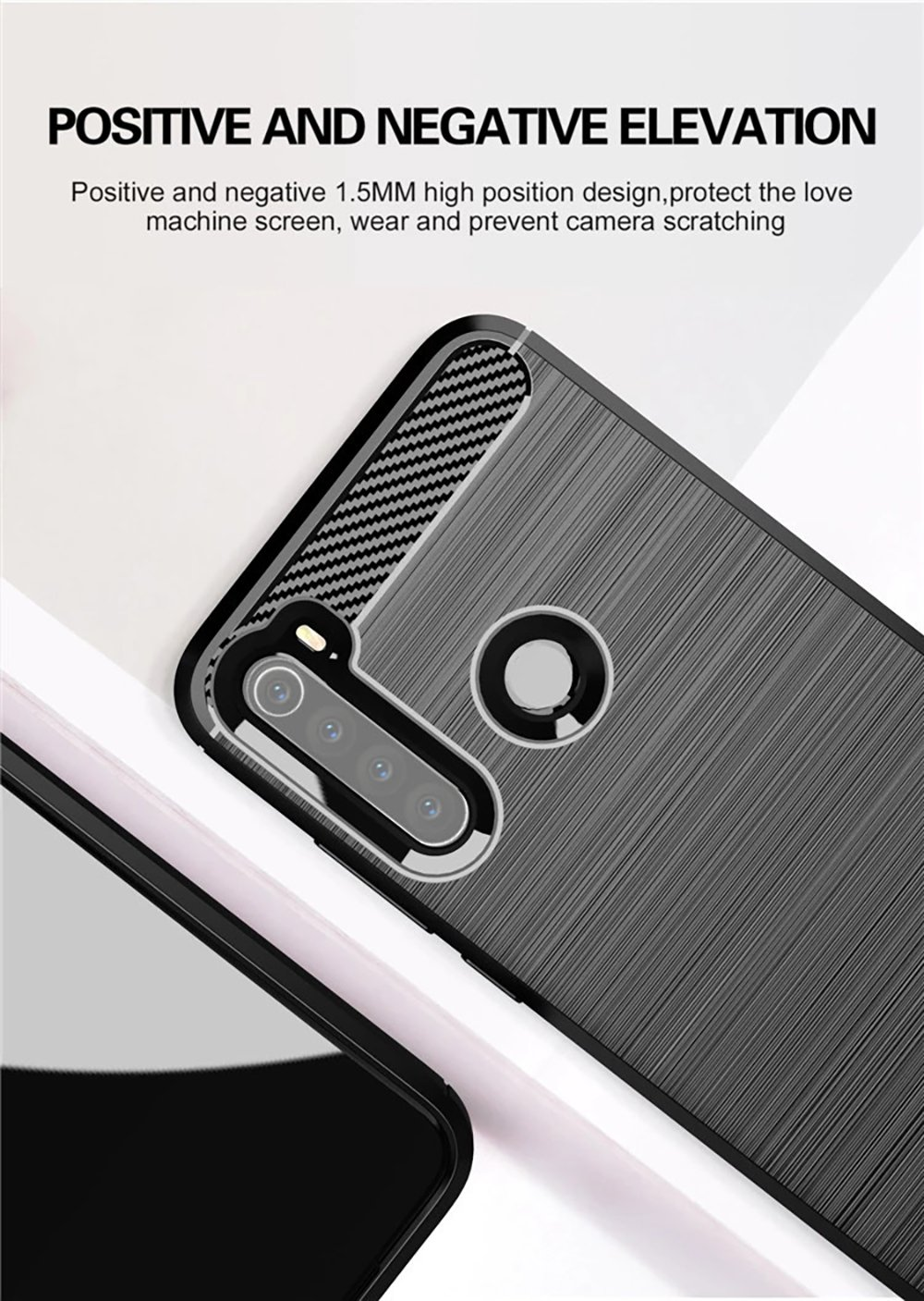 Primer plano de una funda negra para teléfono con cámara y protector de pantalla de vidrio brillante. Superposición de texto.