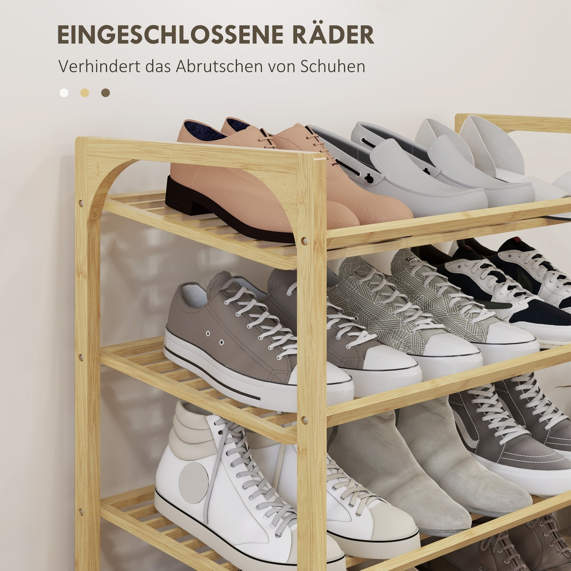 Schuhregal aus Holz mit Schuhen auf den Regalen. Verschiedene Schuhstile sind sichtbar. Text-Overlay.
