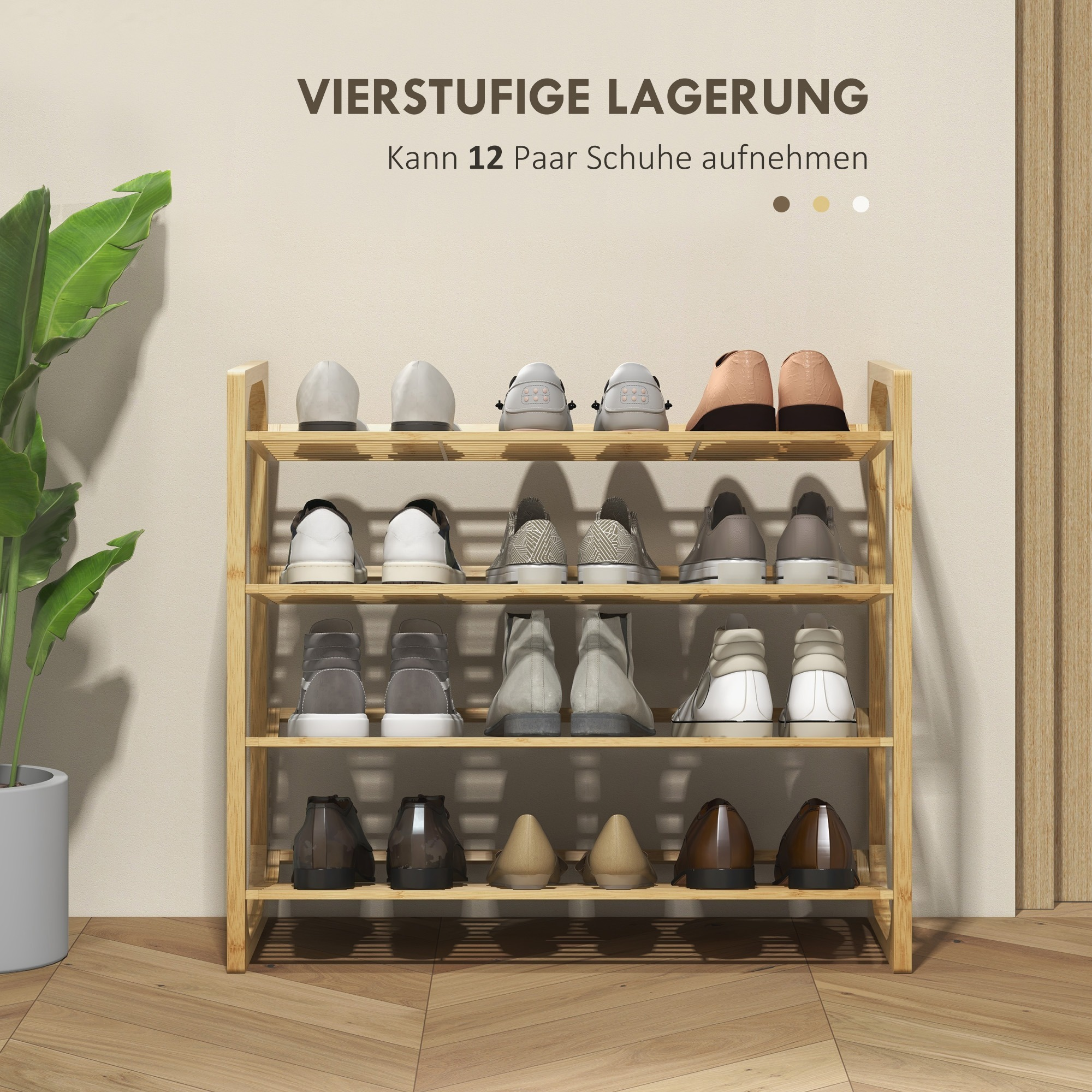Schuhregal aus Holz mit Schuhen gefüllt. Schuhe auf drei Regalböden.