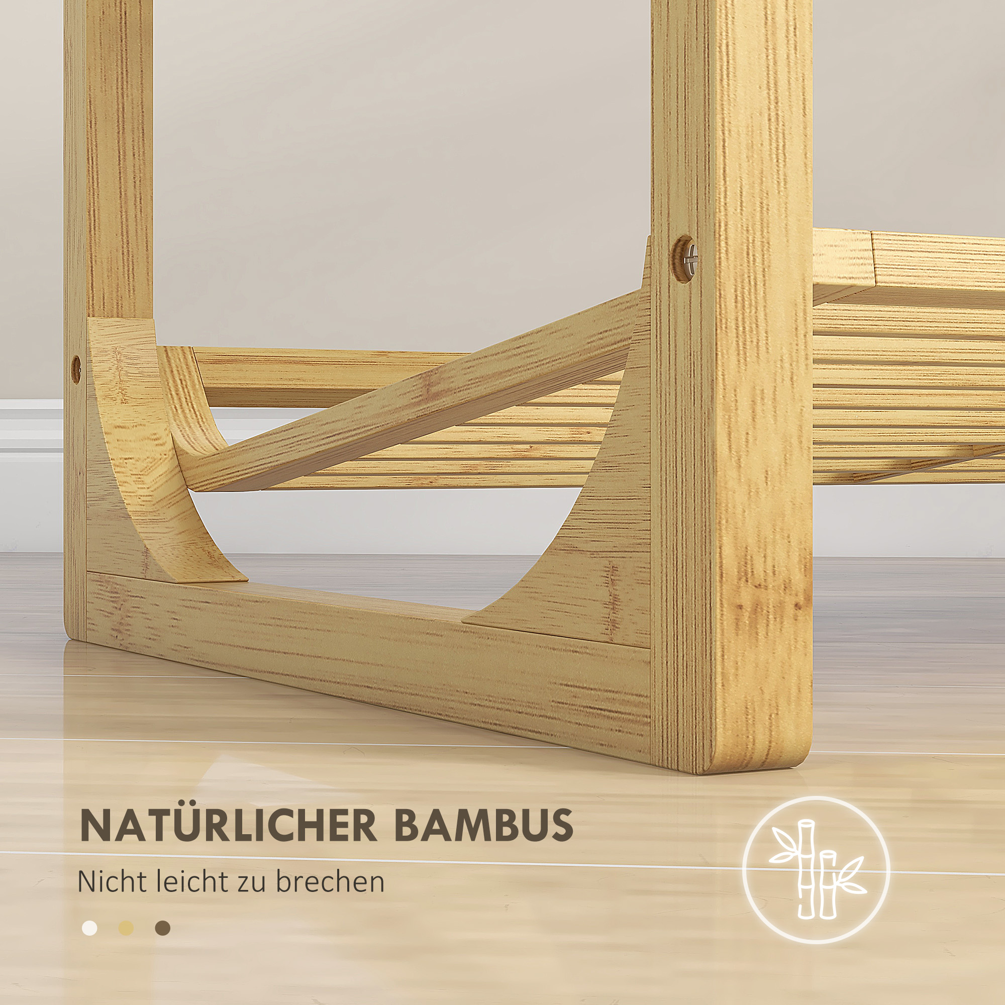 Nahaufnahme der Ecke eines Schuhregals aus Holz. Text-Overlay erwähnt natürlichen Bambus und Haltbarkeit.