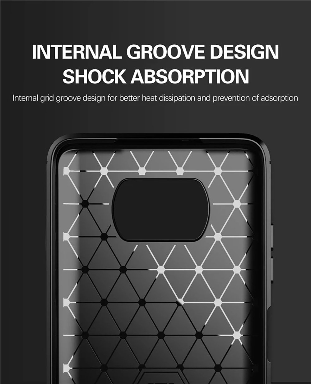 Interior de una funda de teléfono con un patrón de rejilla y un rectángulo negro en el centro.