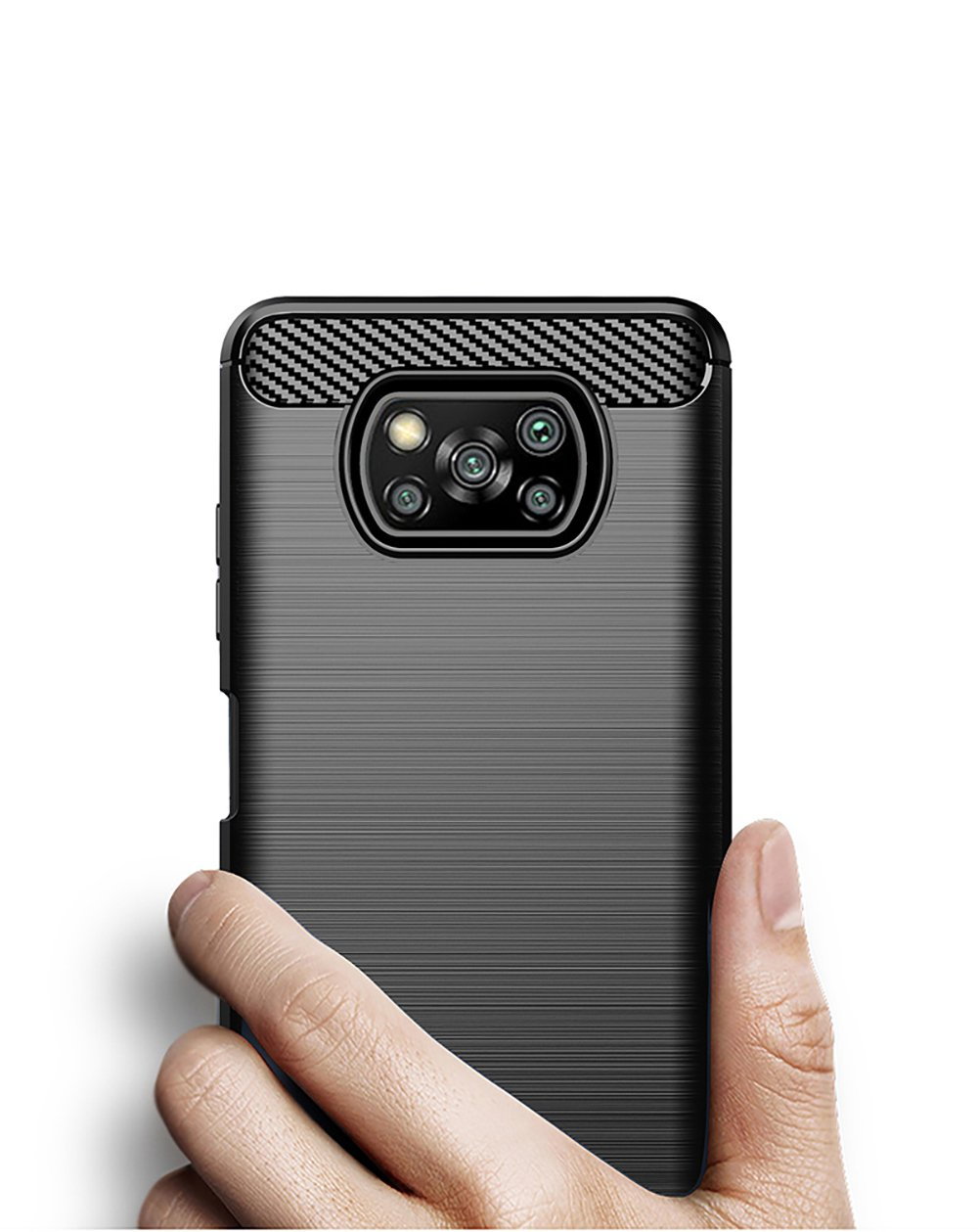 Primer plano de una funda negra para teléfono con lentes de cámara. Mano sosteniendo el teléfono.