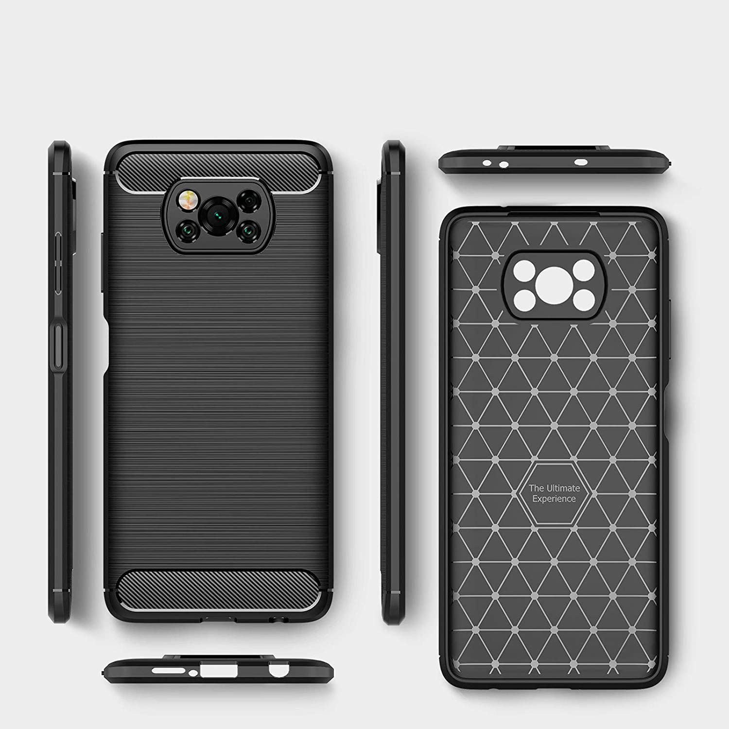 Funda negra para teléfono, múltiples vistas. Parte trasera texturizada, vistas laterales y vistas superior e inferior.