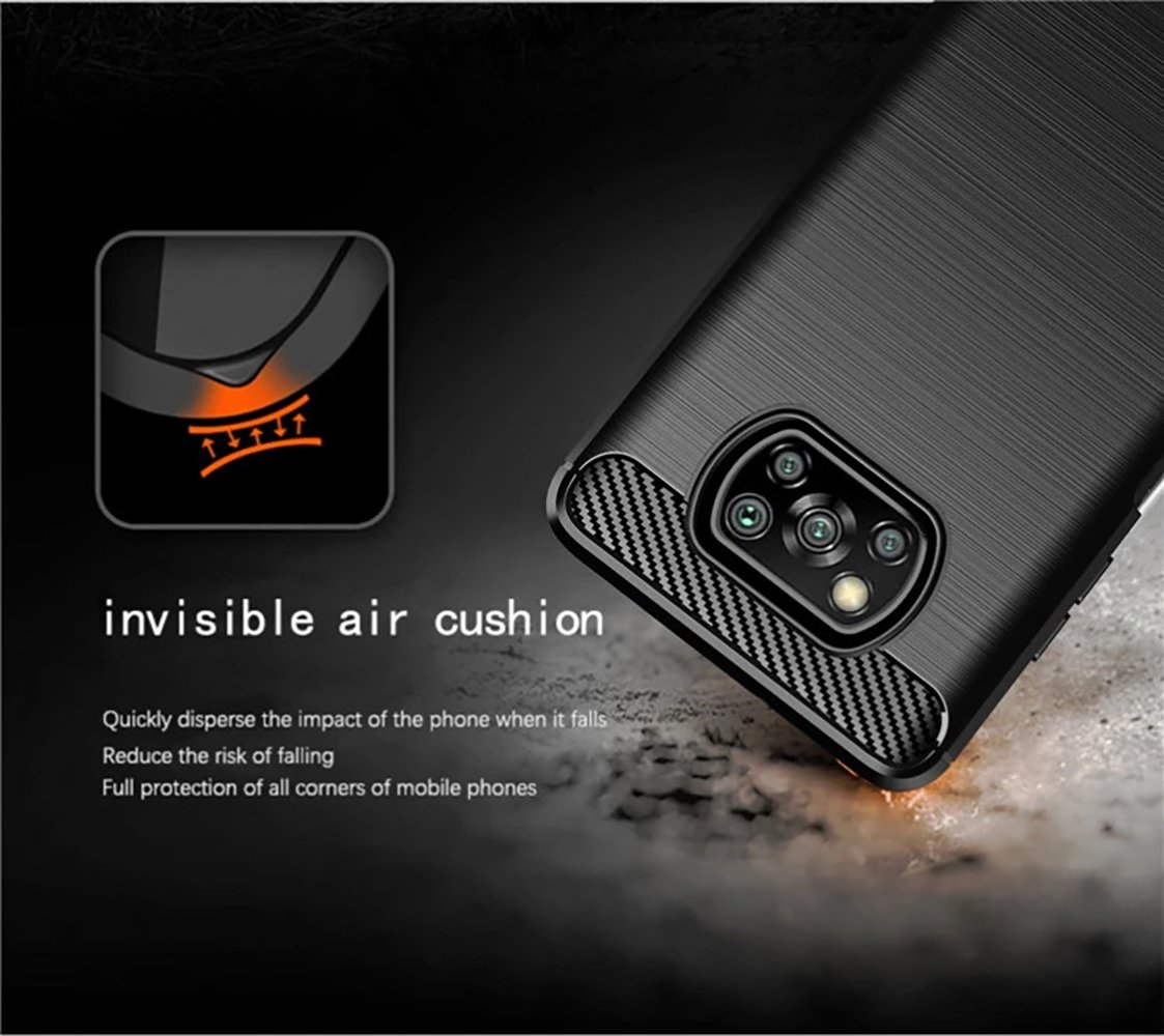 Funda negra con función de cojín de aire visible, que destaca la protección contra impactos y la seguridad en las esquinas.