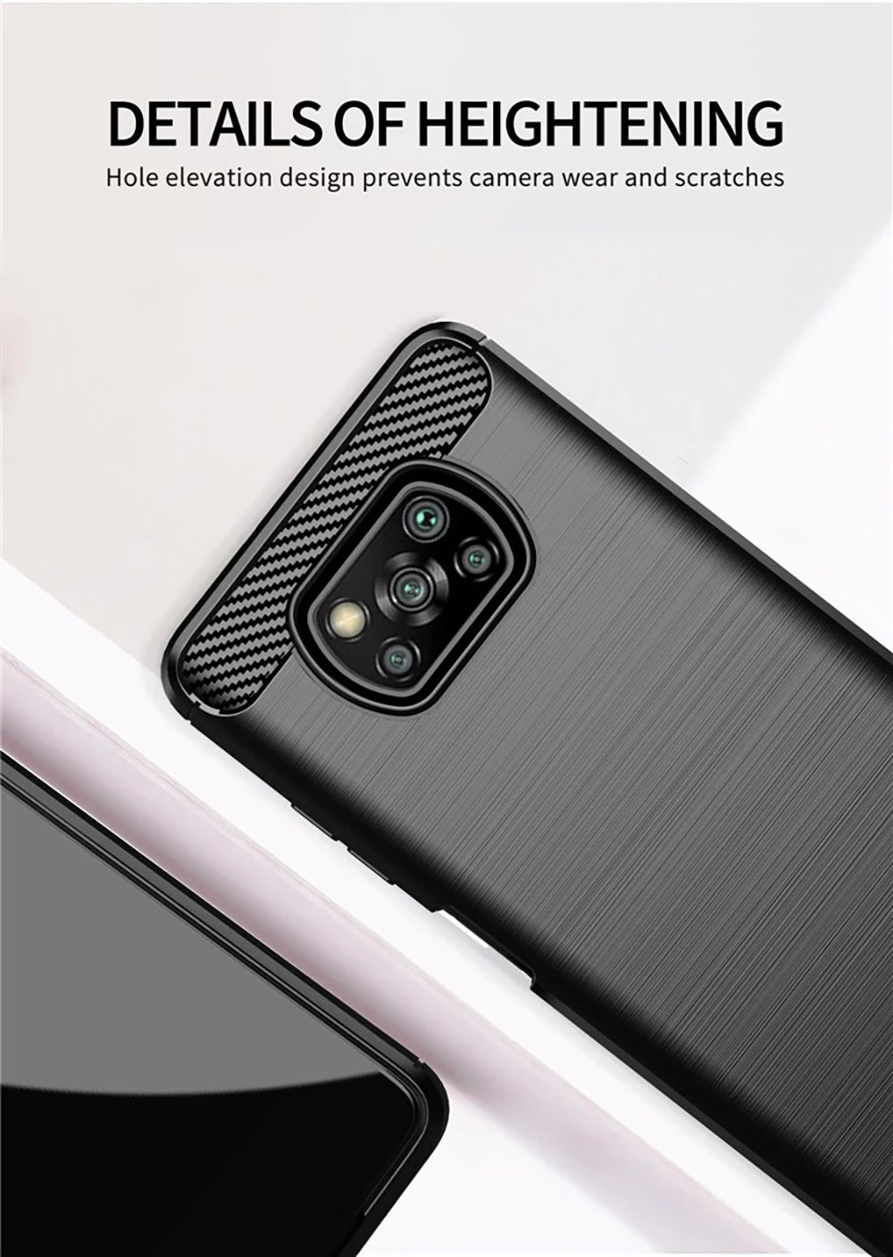 Primer plano de una funda negra para teléfono. El texto dice: DETALLES DE AUMENTO.