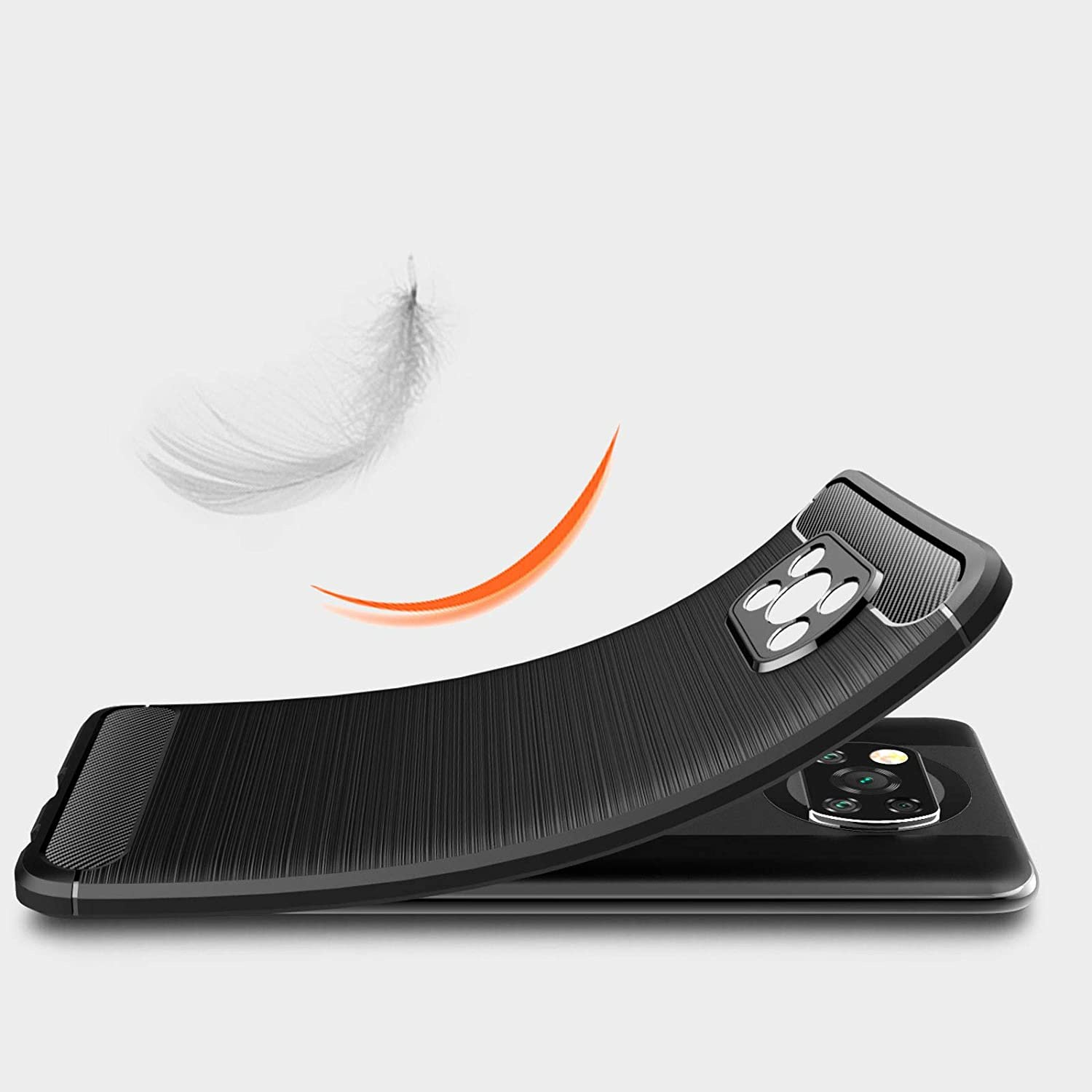 Funda negra de teléfono que se dobla para mostrar flexibilidad, con gráfico de pluma y arco naranja.