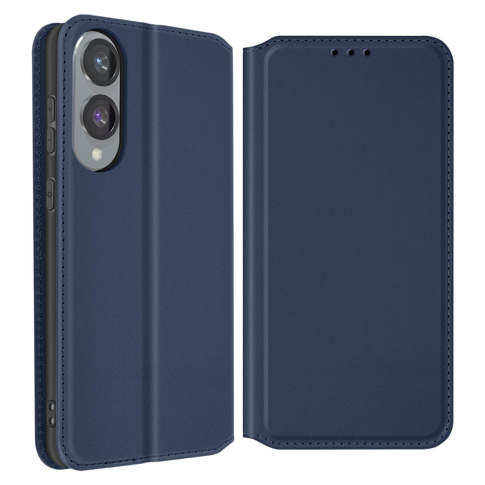Custodia blu per telefono, aperta. Due fotocamere sul telefono. Sfondo bianco.