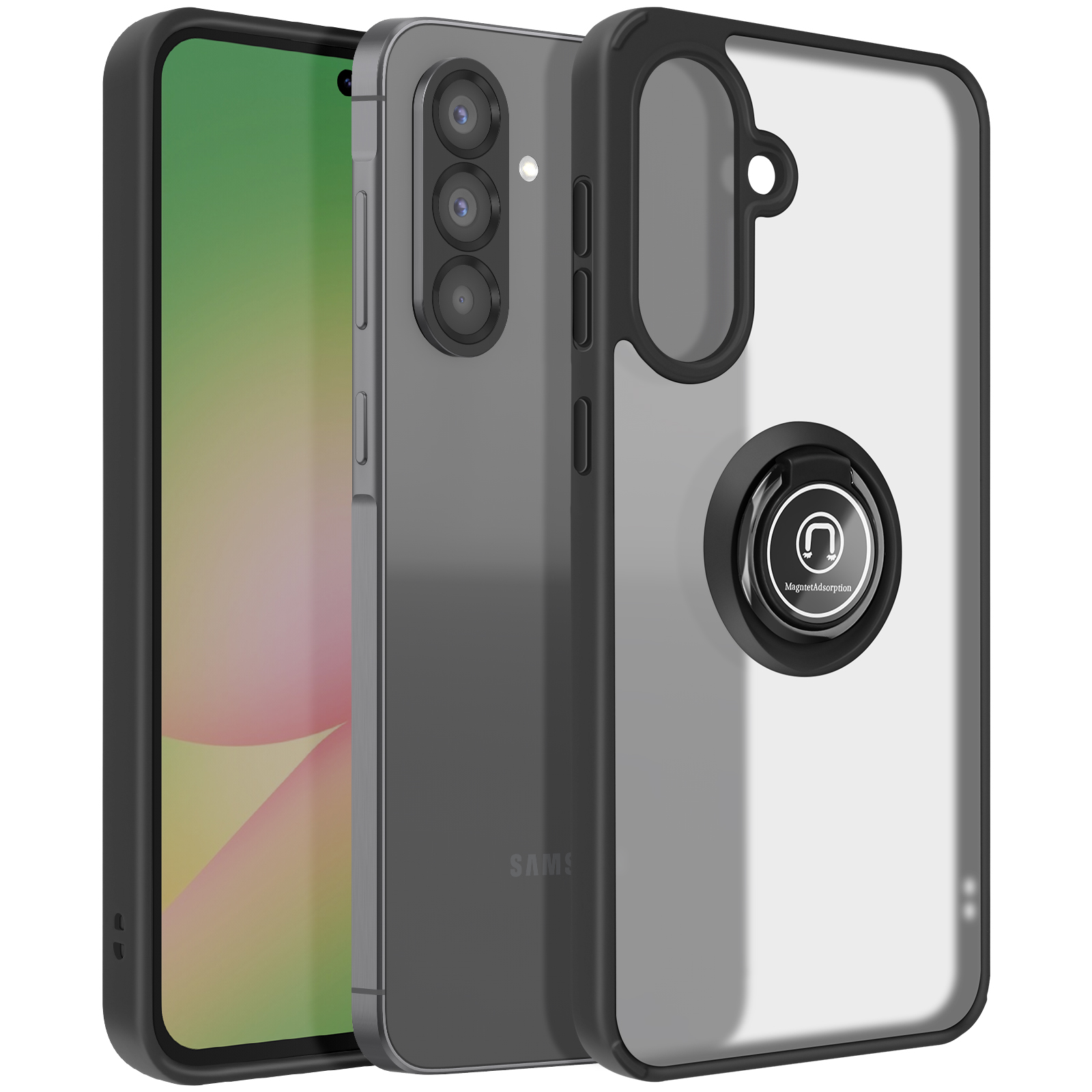 Una custodia per telefono con un supporto ad anello. Il telefono è nero con tre fotocamere. La custodia è trasparente.