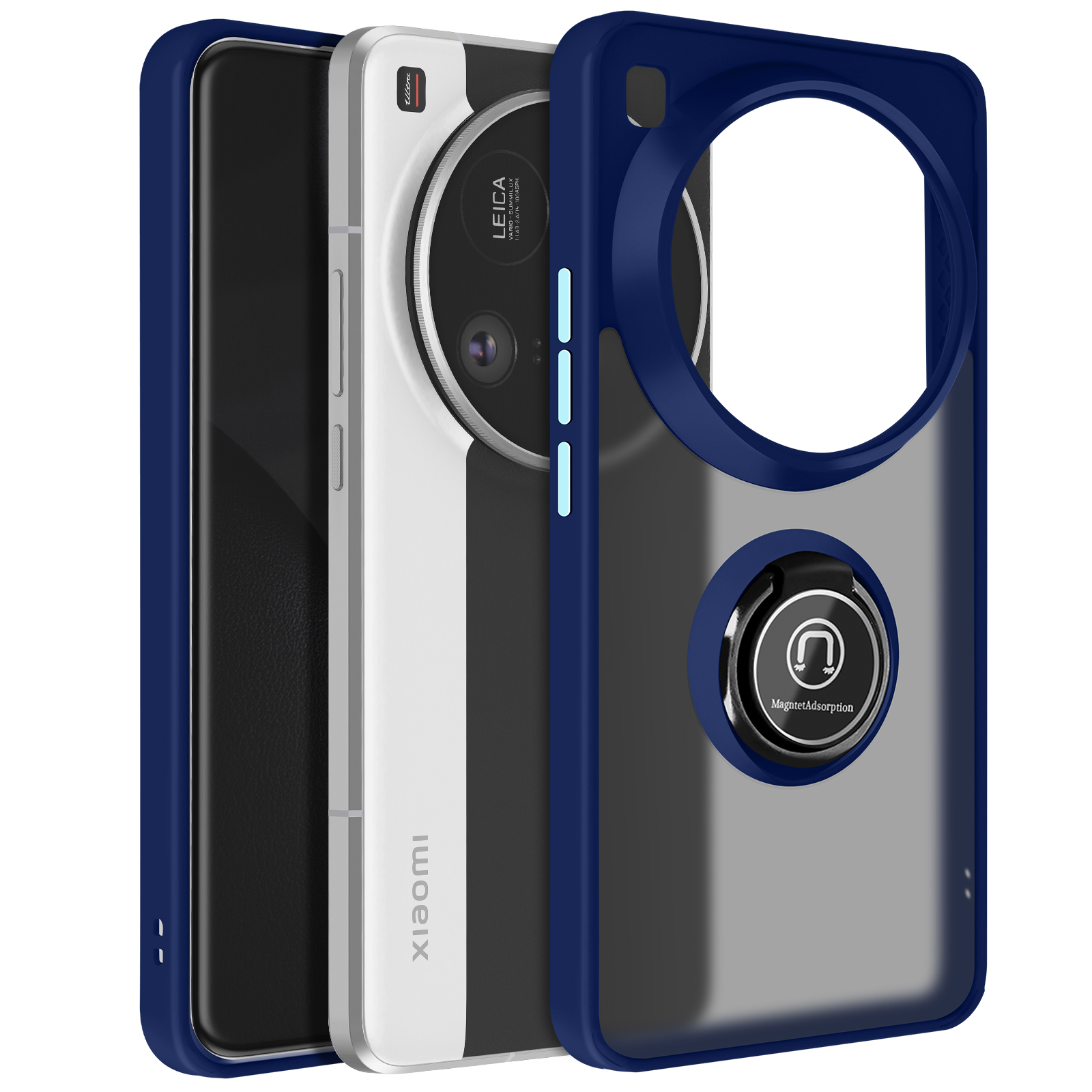 Un telefono con custodia. La custodia è blu, con retro bianco e argento. Il telefono è bianco.