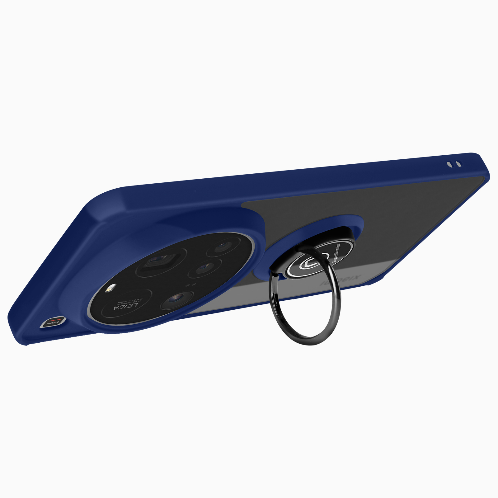 Una custodia per telefono blu con un supporto ad anello, angolato, che mostra la parte posteriore di un telefono.